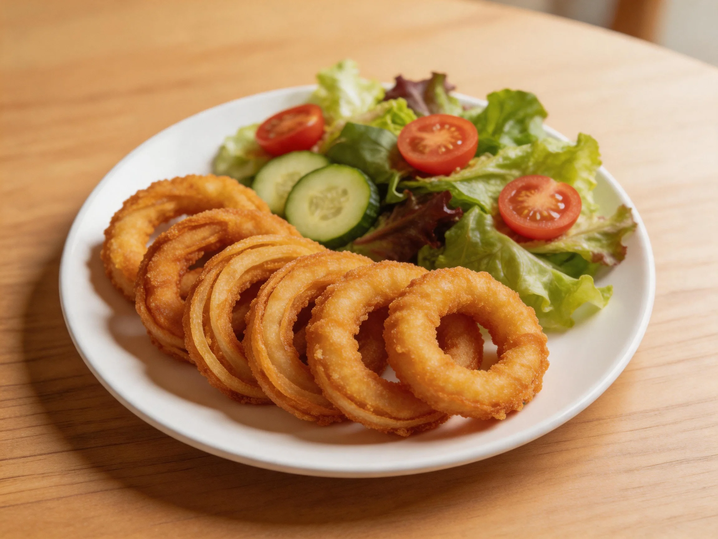 Golden onion rings served with fresh mixed greens and tomato cucumber salad