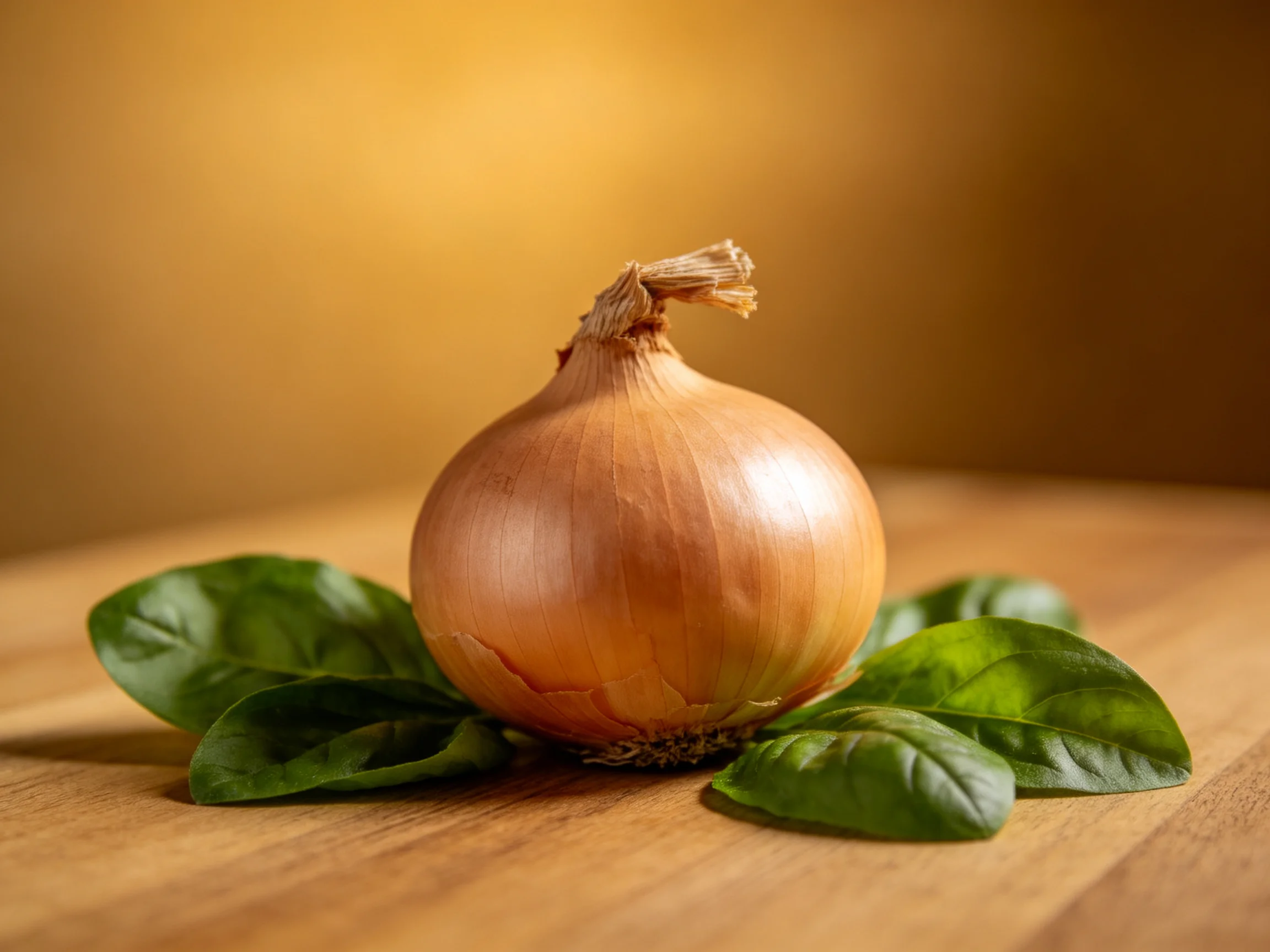 Golden onion with fresh green basil leaves on a wooden surface