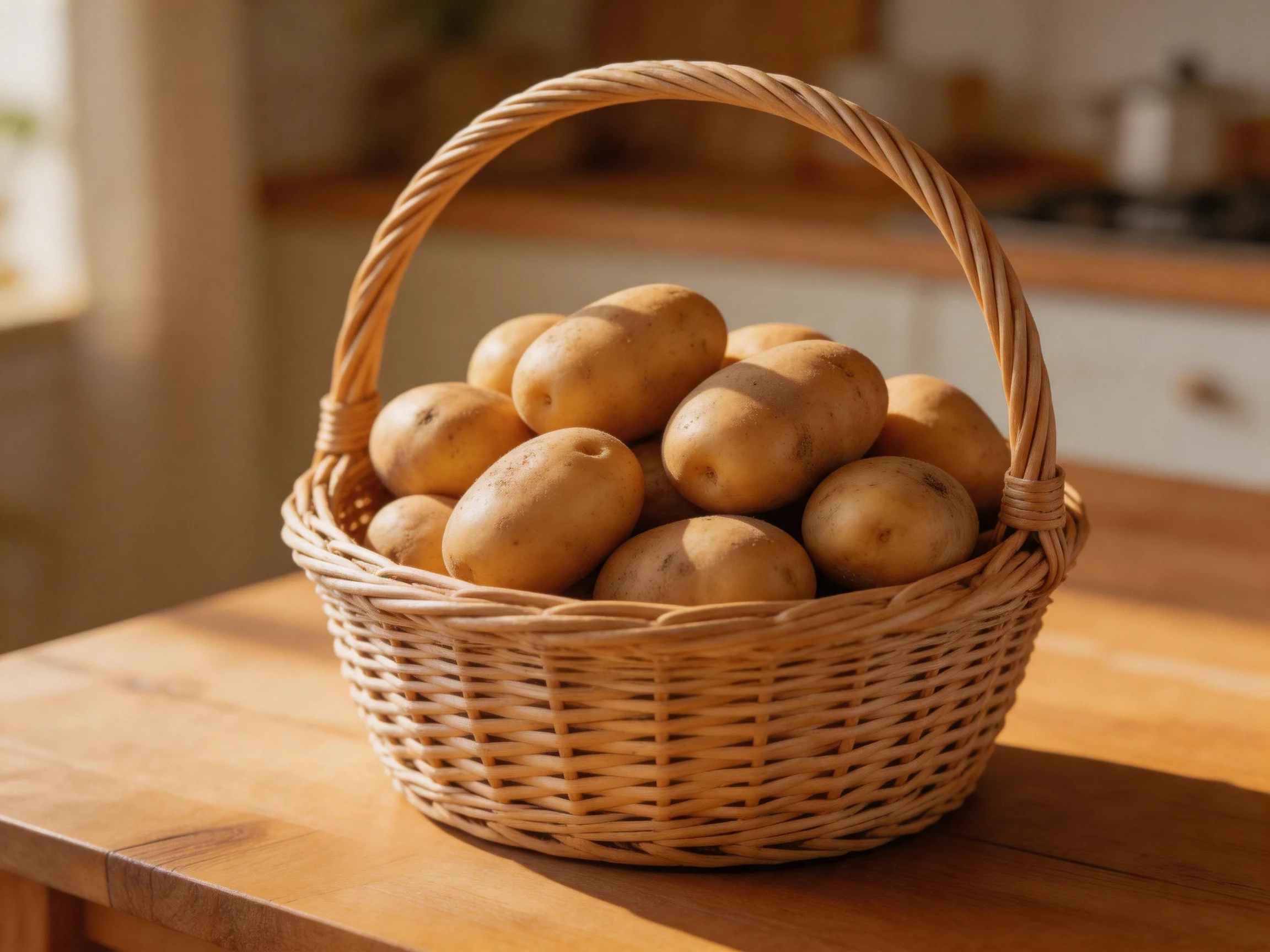 Golden potatoes fill a wicker basket on a wooden table