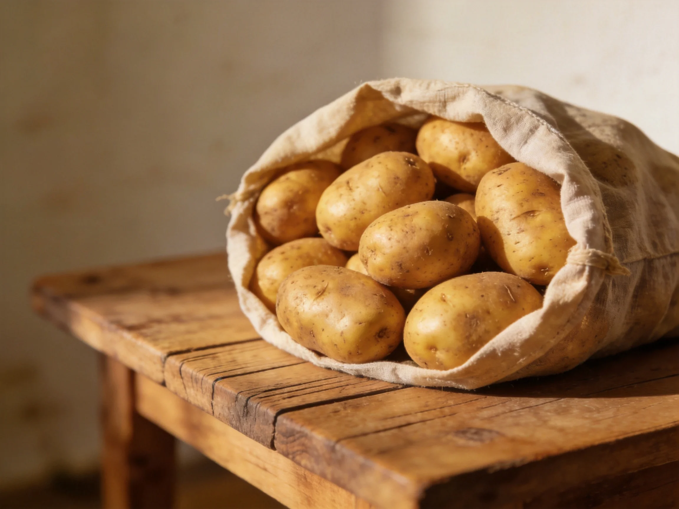 Golden potatoes spilling from a burlap sack onto a rustic wooden table