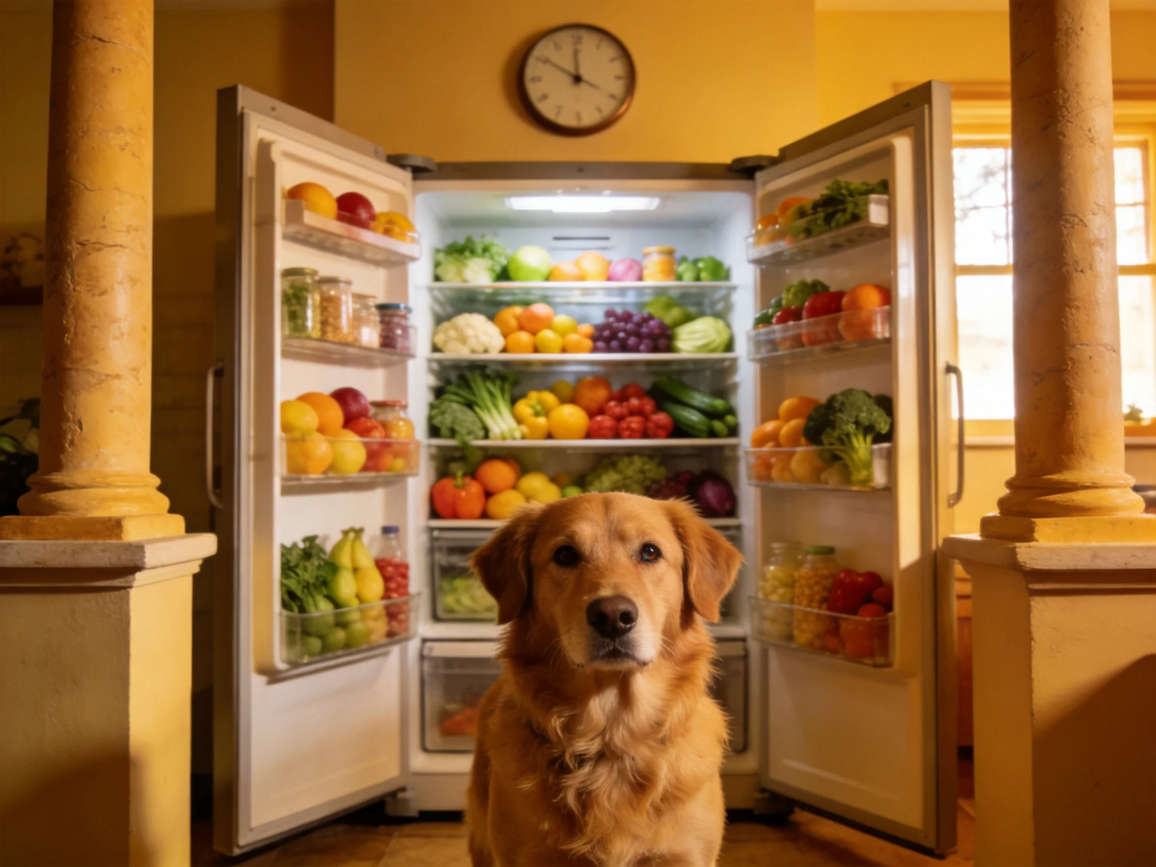 Golden retriever standing before a fully stocked open refrigerator