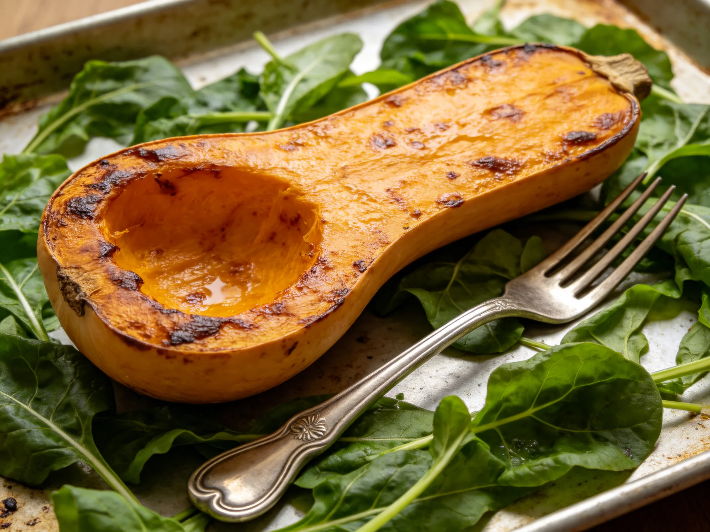 Golden roasted butternut squash half on fresh green greens with silver fork