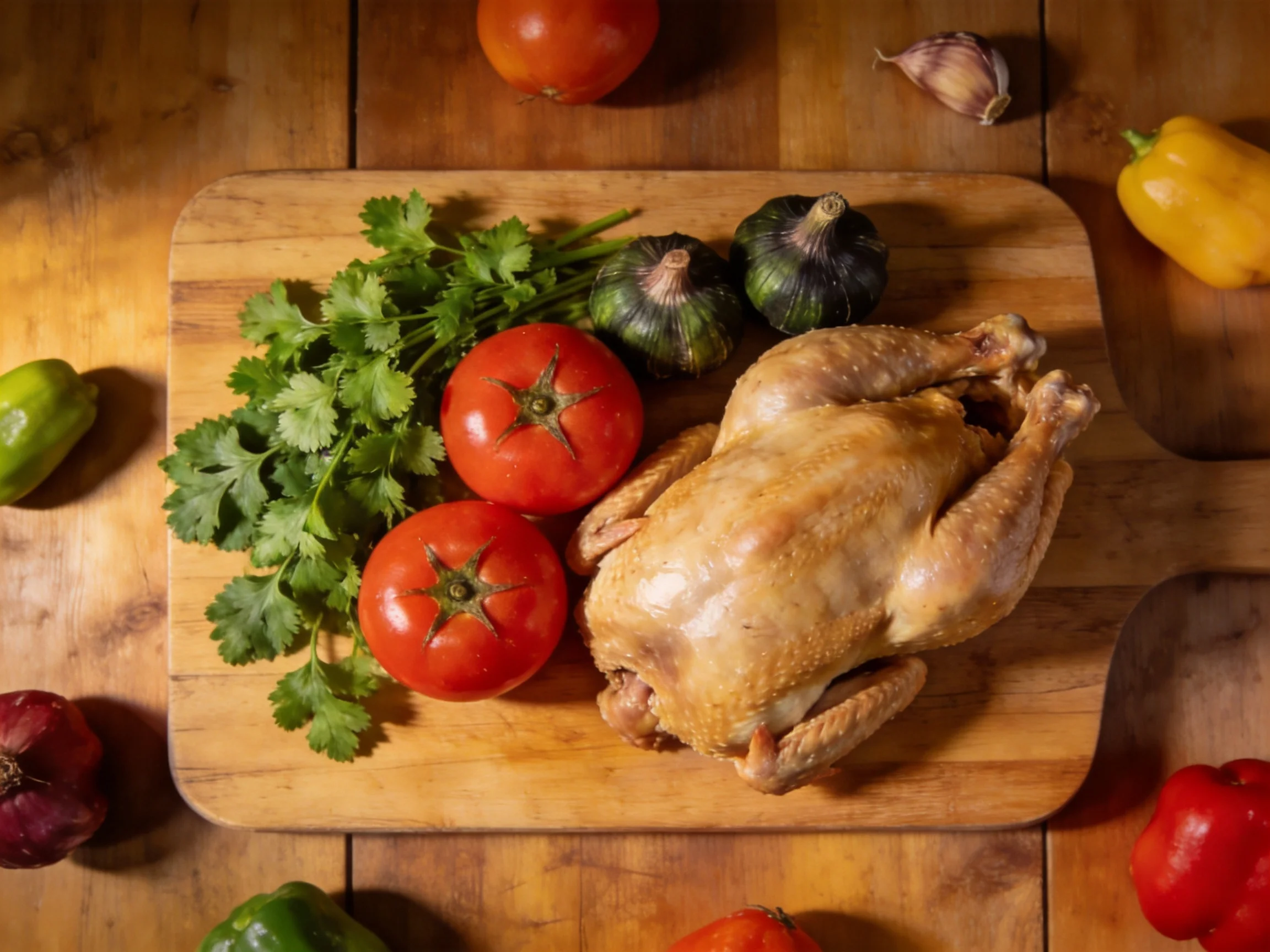 Golden-roasted chicken with fresh veggies on a wooden cutting board