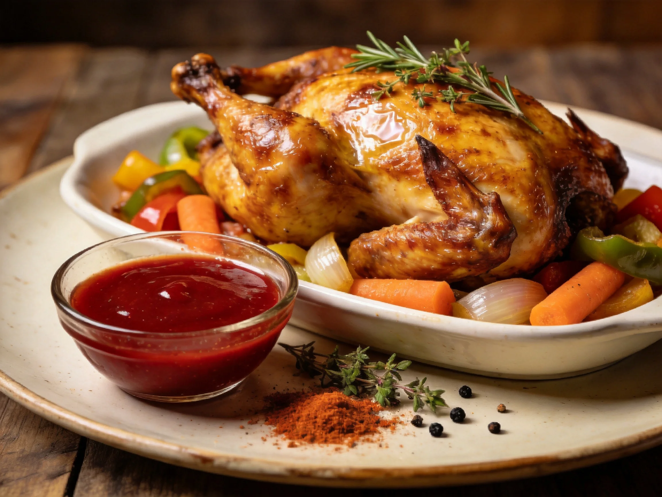 Golden roasted chicken with mixed vegetables and red sauce