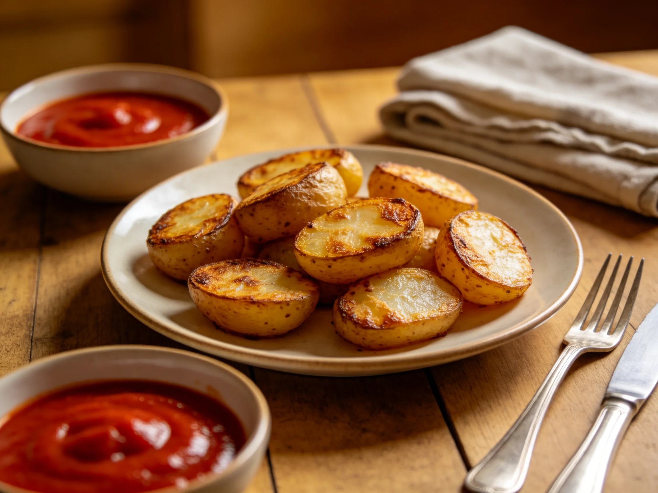 Golden roasted potato halves served with two ketchup bowls on a wooden table