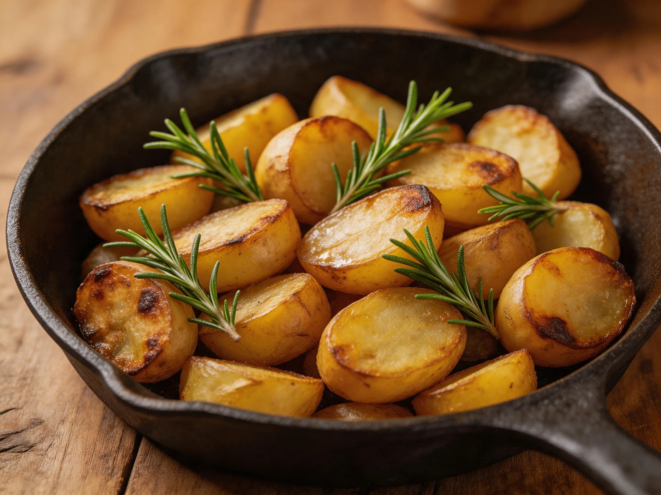 Golden roasted potatoes in a cast iron skillet with fresh rosemary garnish
