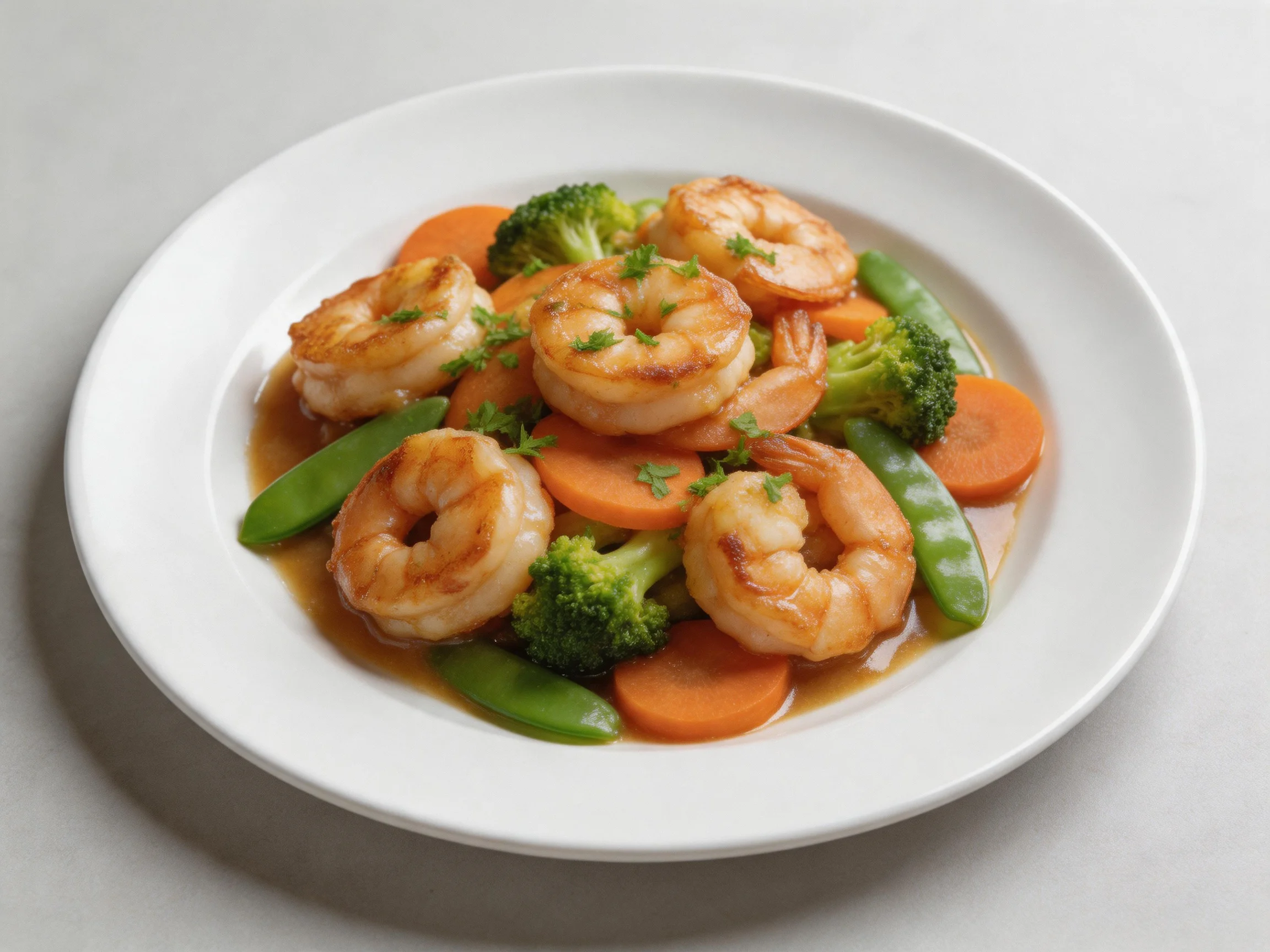 A plate of golden shrimp stir-fry with mixed vegetables in savory sauce