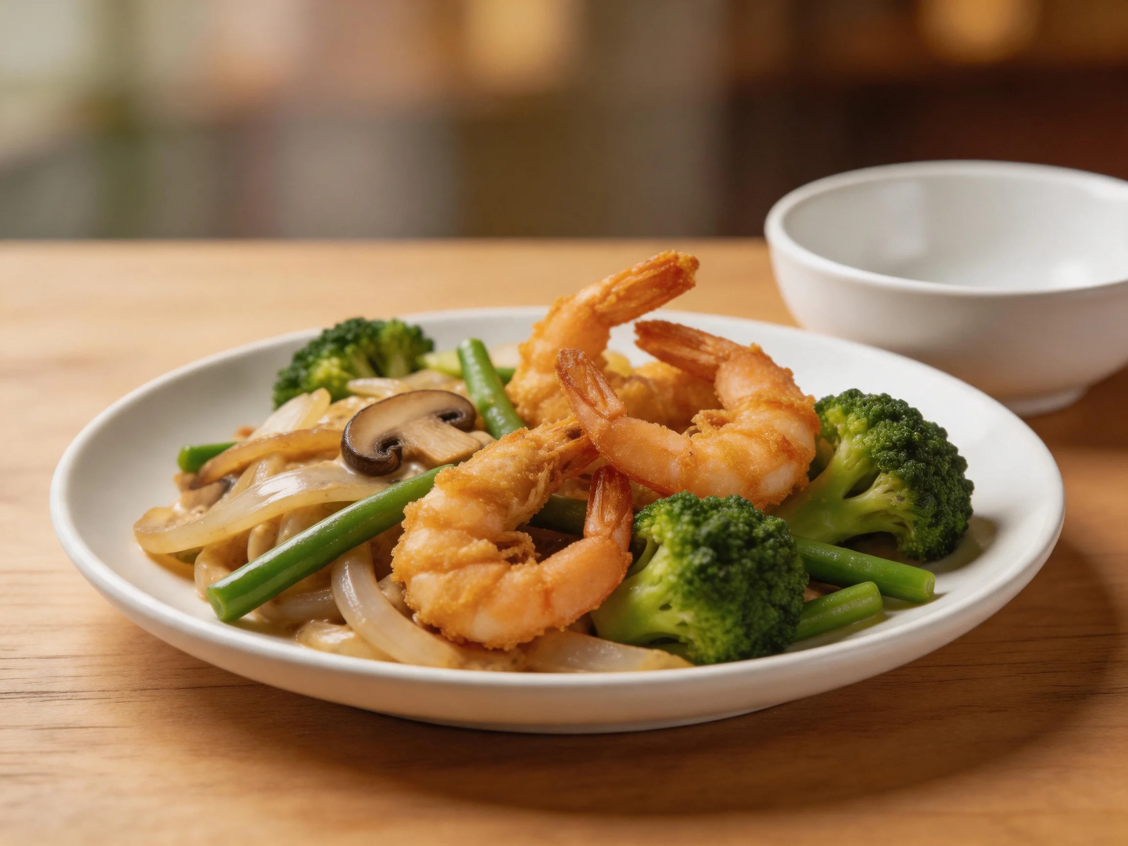 Golden shrimp stir - fry with broccoli, green beans, and mushrooms on white plate