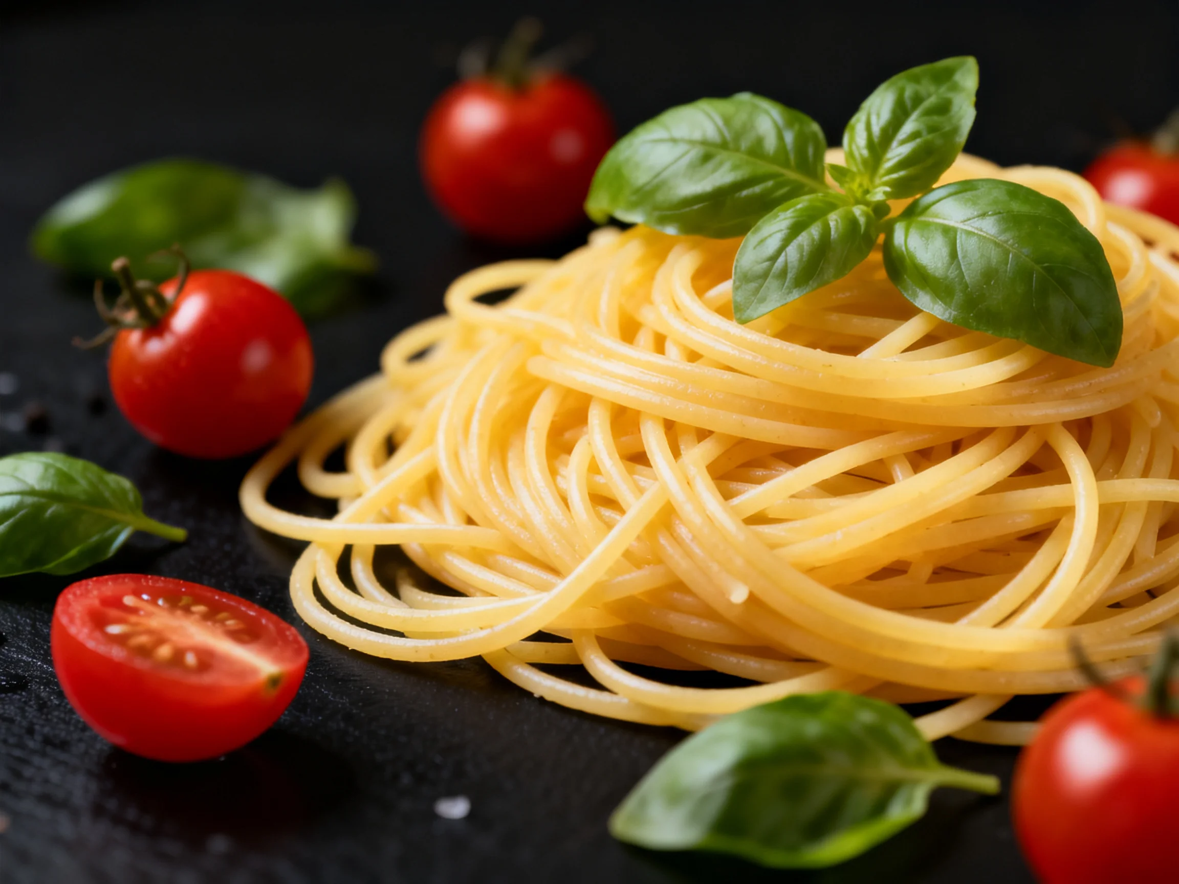Golden spaghetti mound with red cherry tomatoes and green basil leaves on a black surface