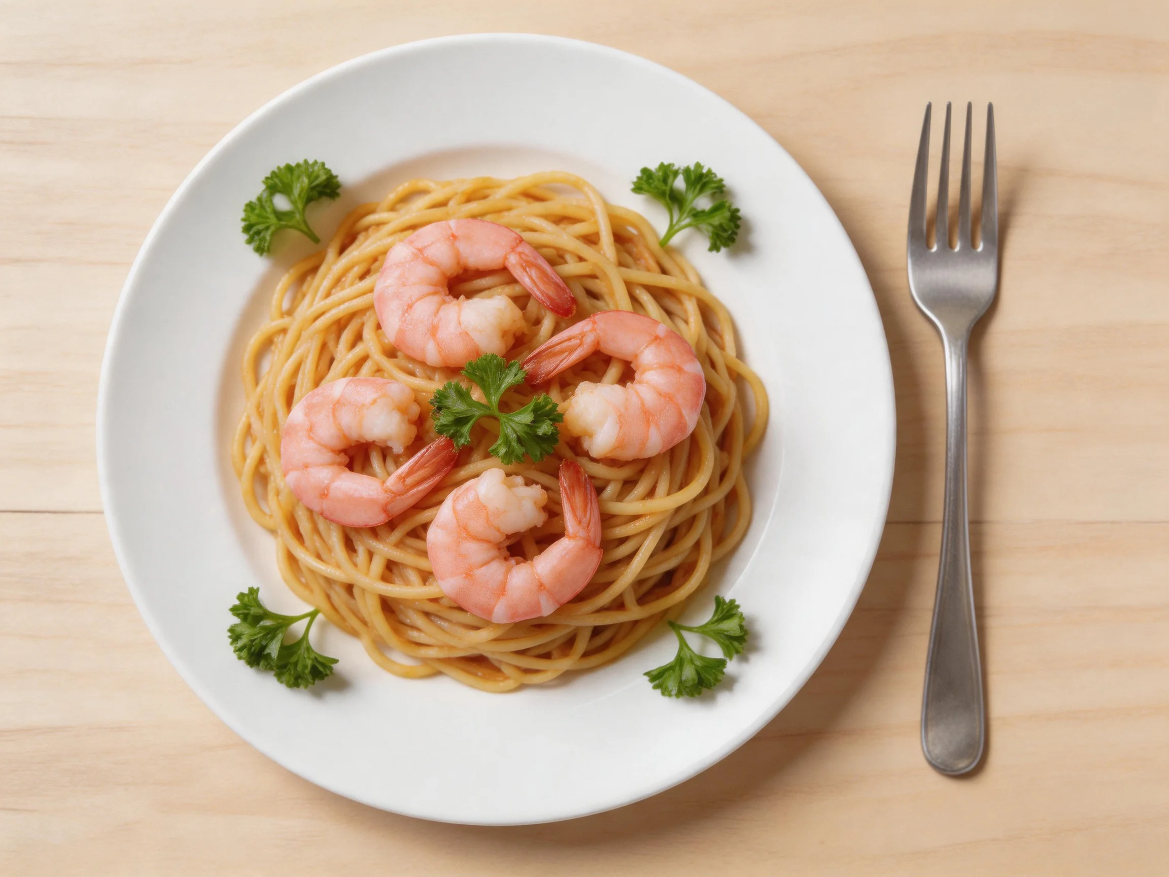 Golden spaghetti with pink shrimp and green parsley on a white plate