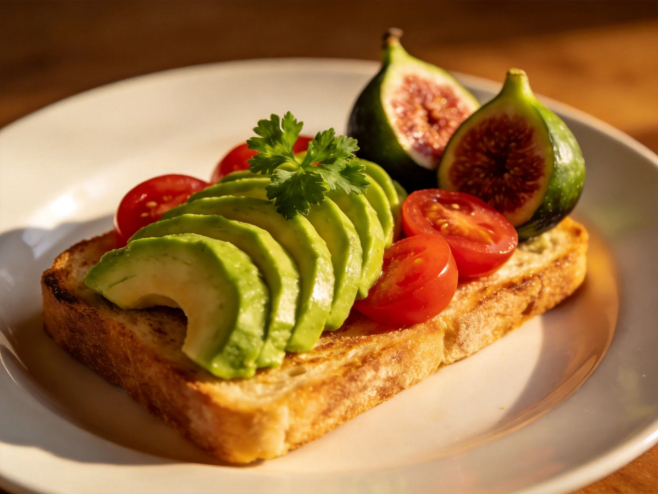 Golden toasted bread slice with avocado, cherry tomatoes, and fig halves