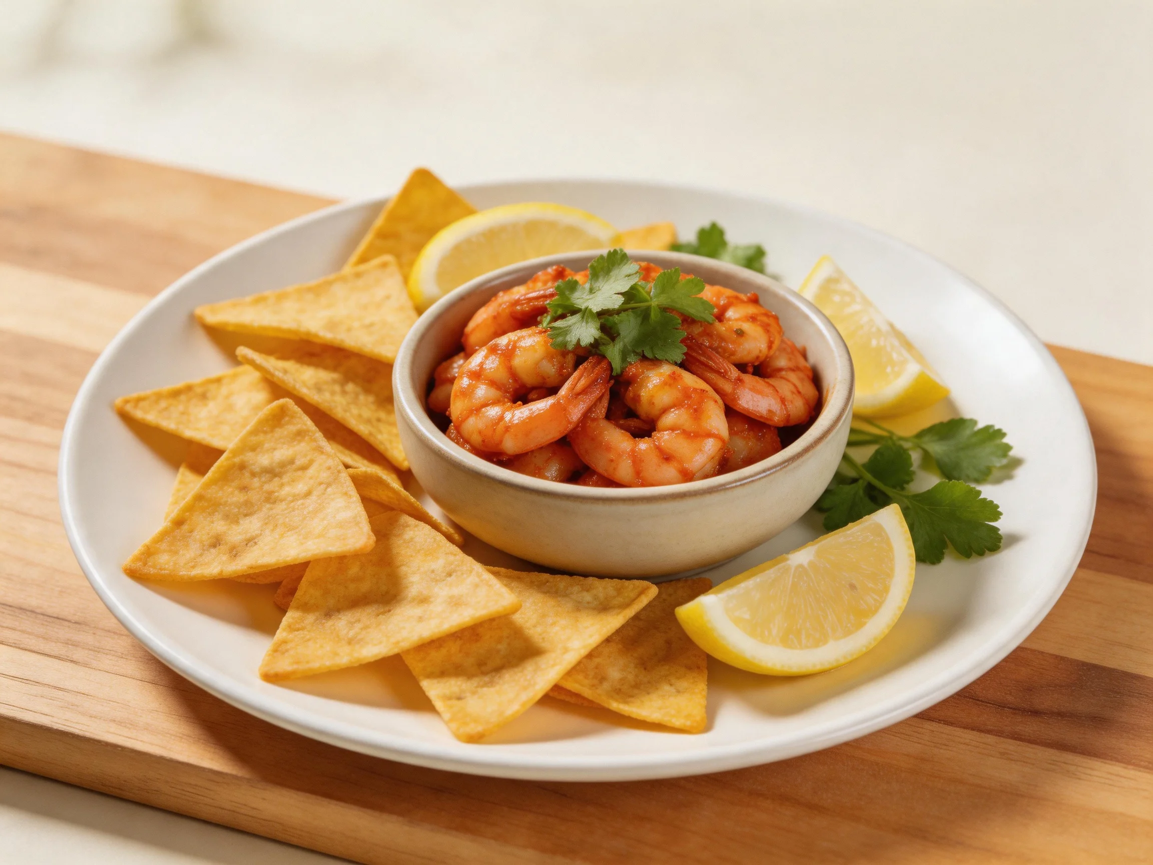 Golden tortilla chips with seasoned shrimp and fresh lemon wedges