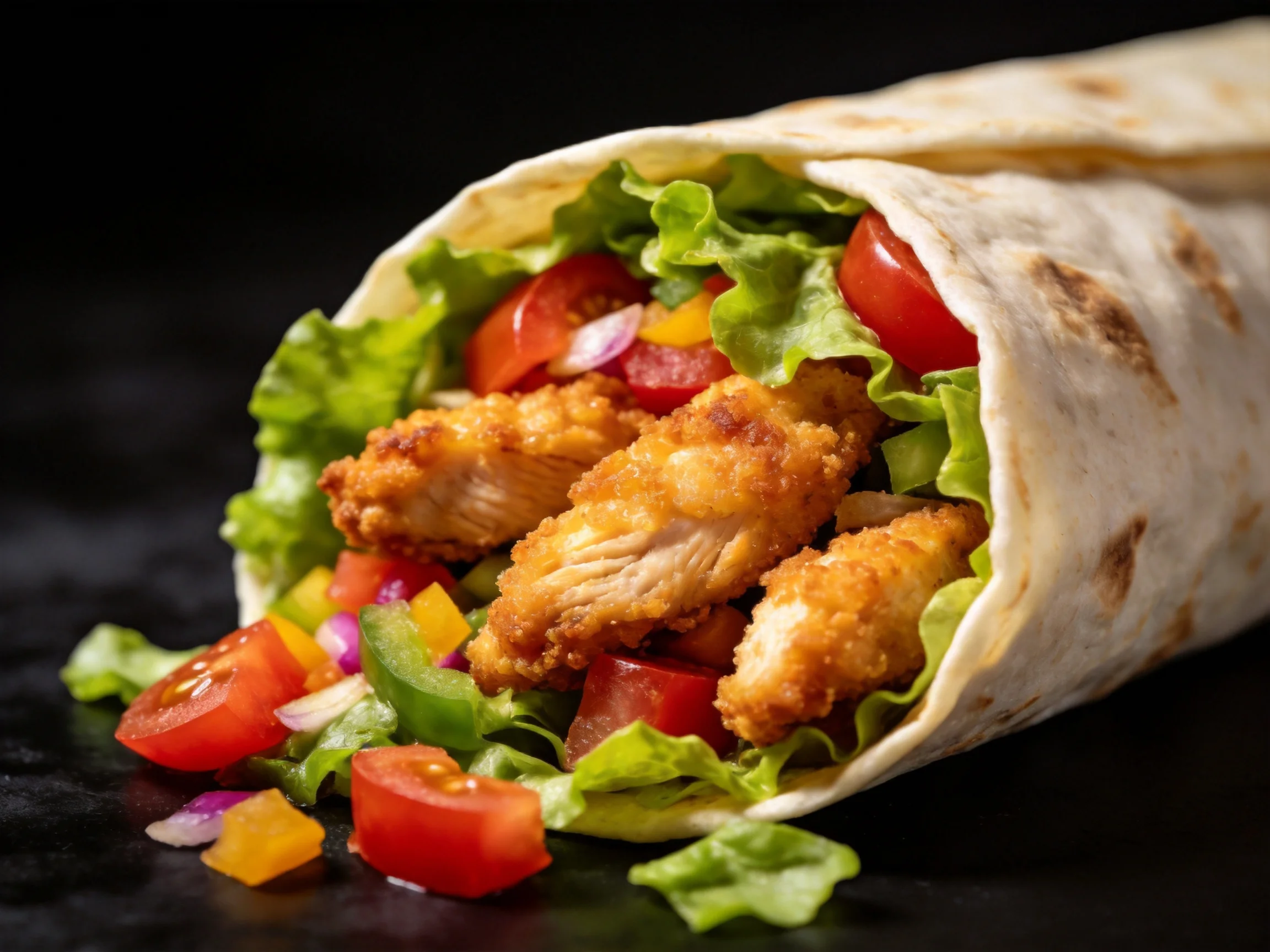 Golden tortilla wrap holds crispy chicken and mixed fresh vegetables