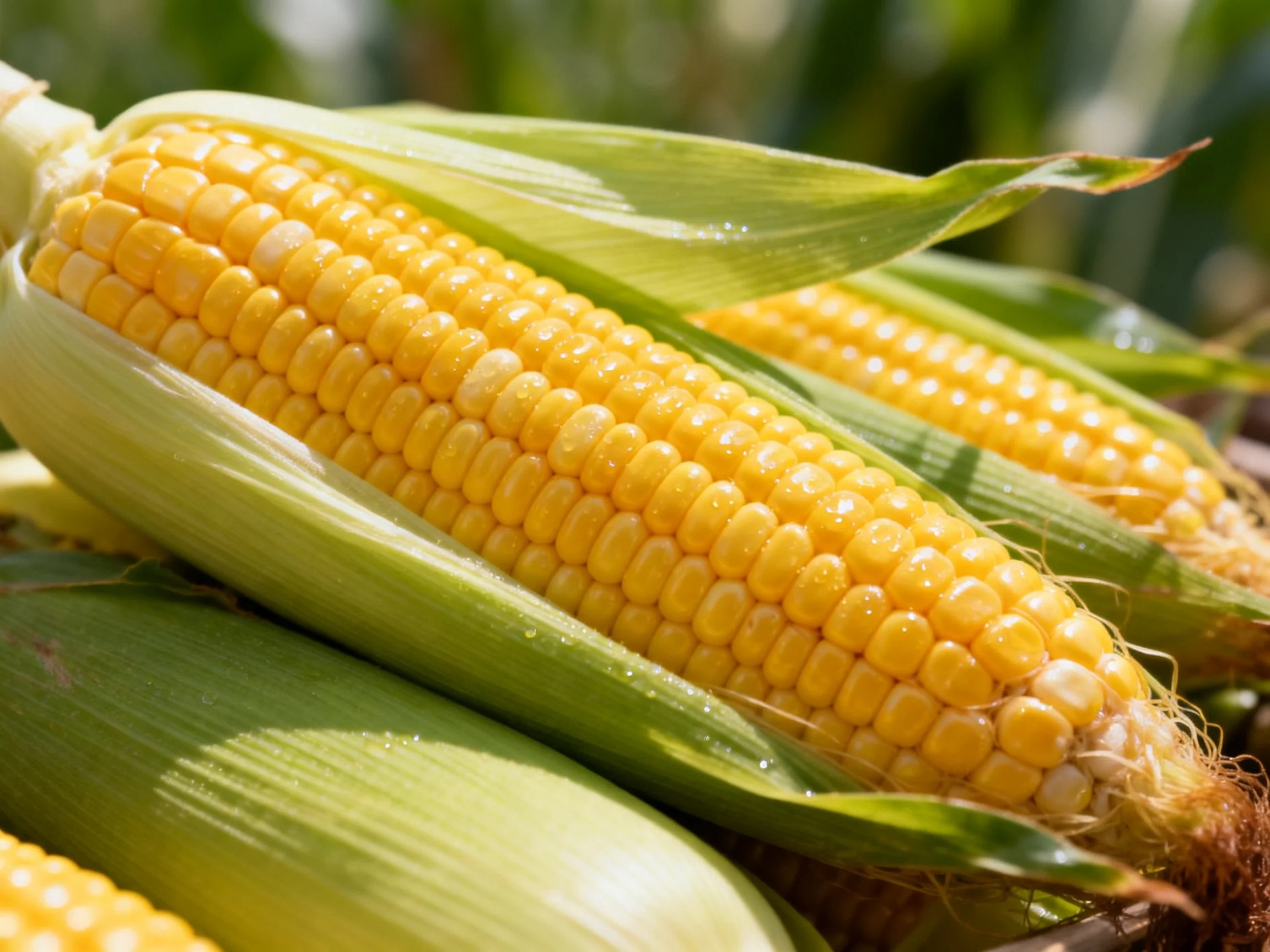 Golden-yellow corn cobs with green husks displayed outdoors