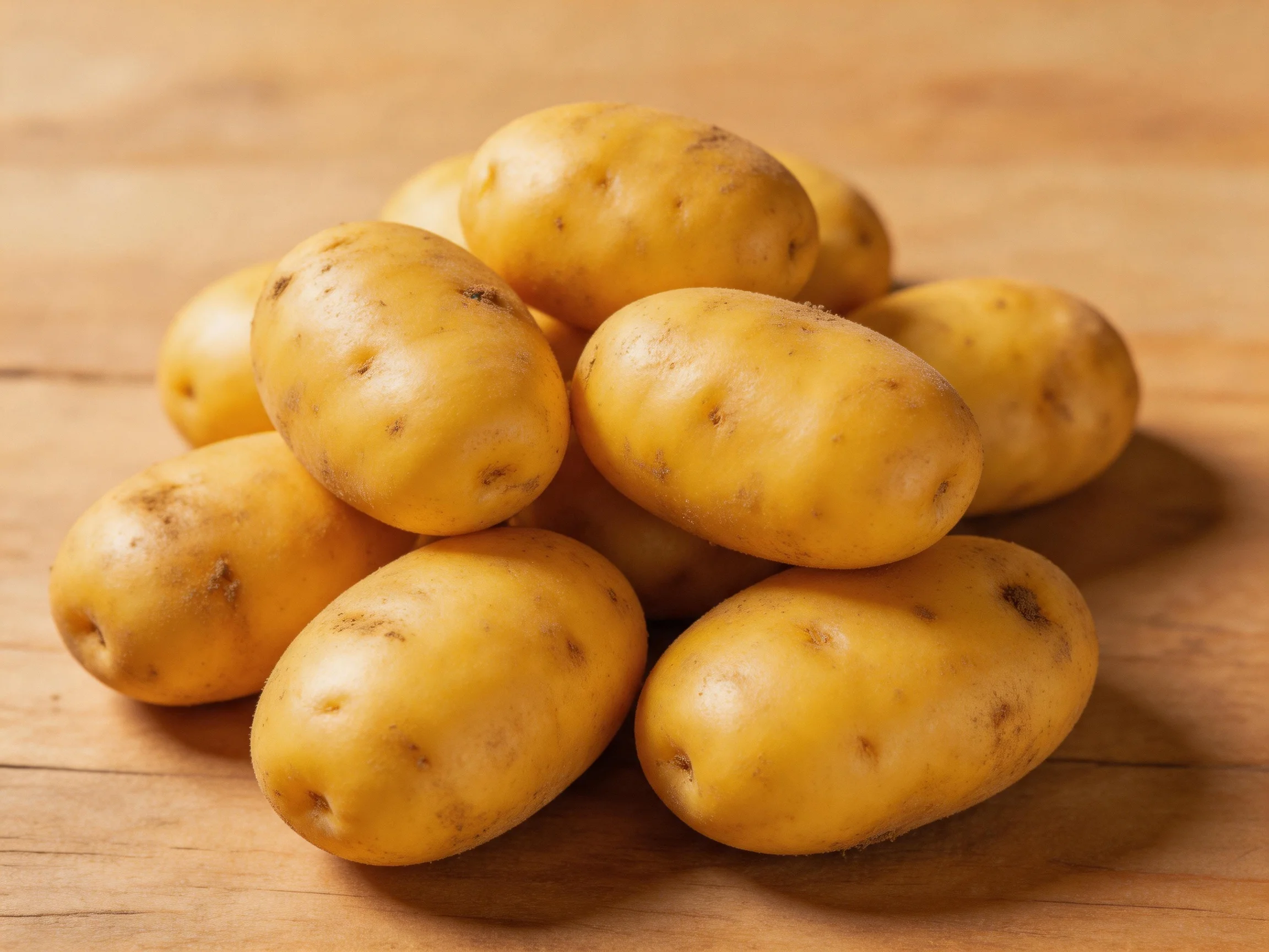 Golden-yellow potatoes arranged in a pile on a wooden surface