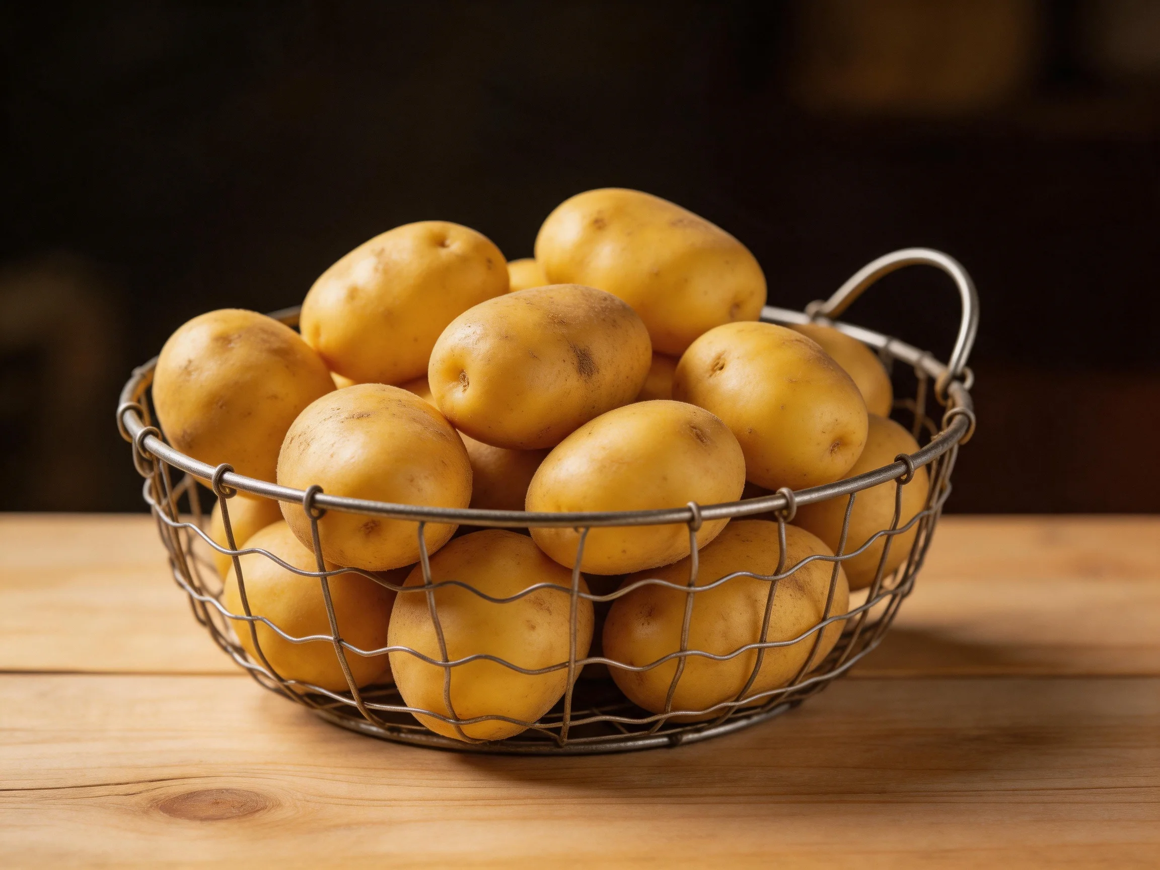 Golden-yellow potatoes fill a wire basket on a wooden surface