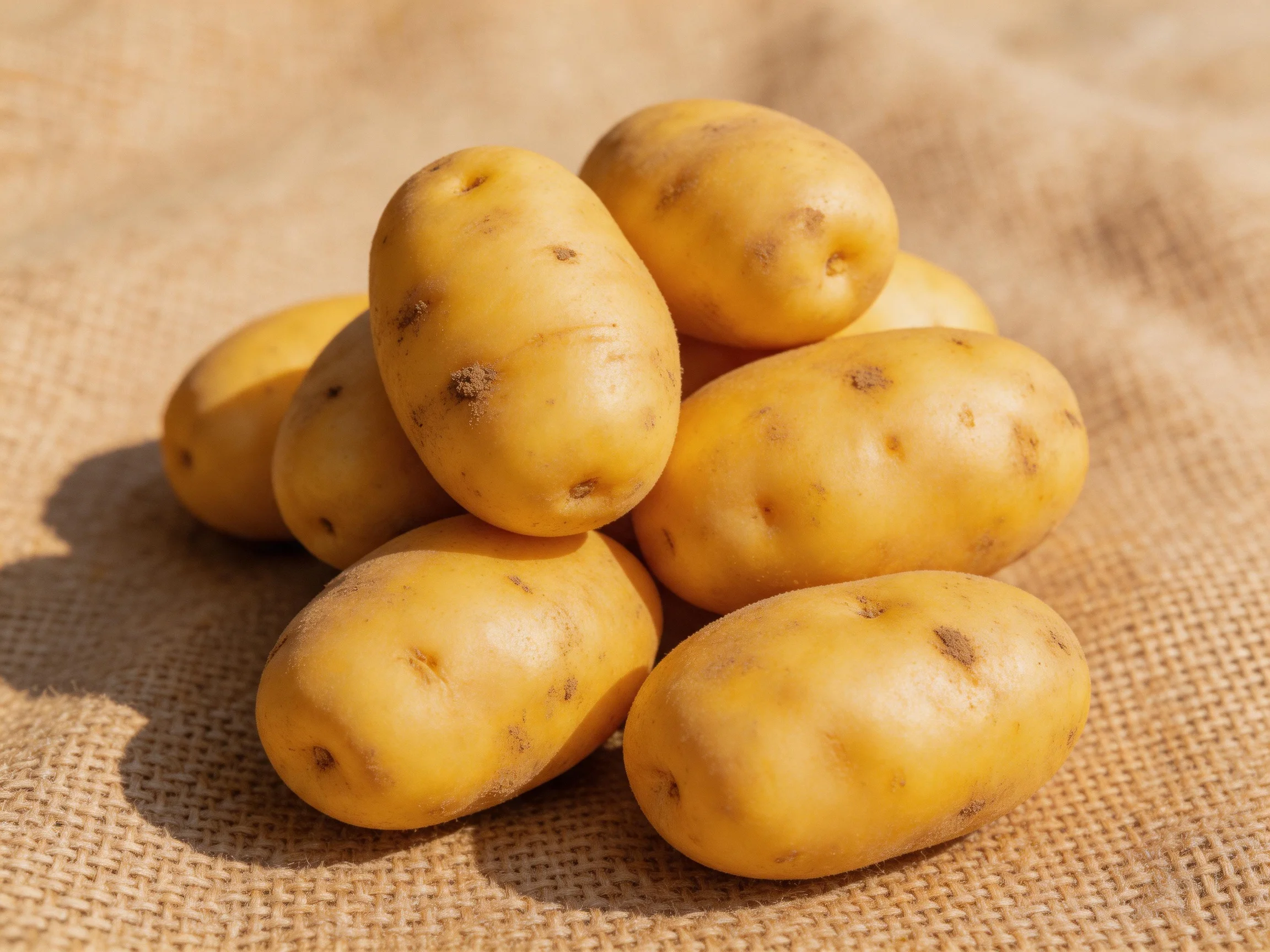 Golden-yellow potatoes stacked on a coarse burlap fabric