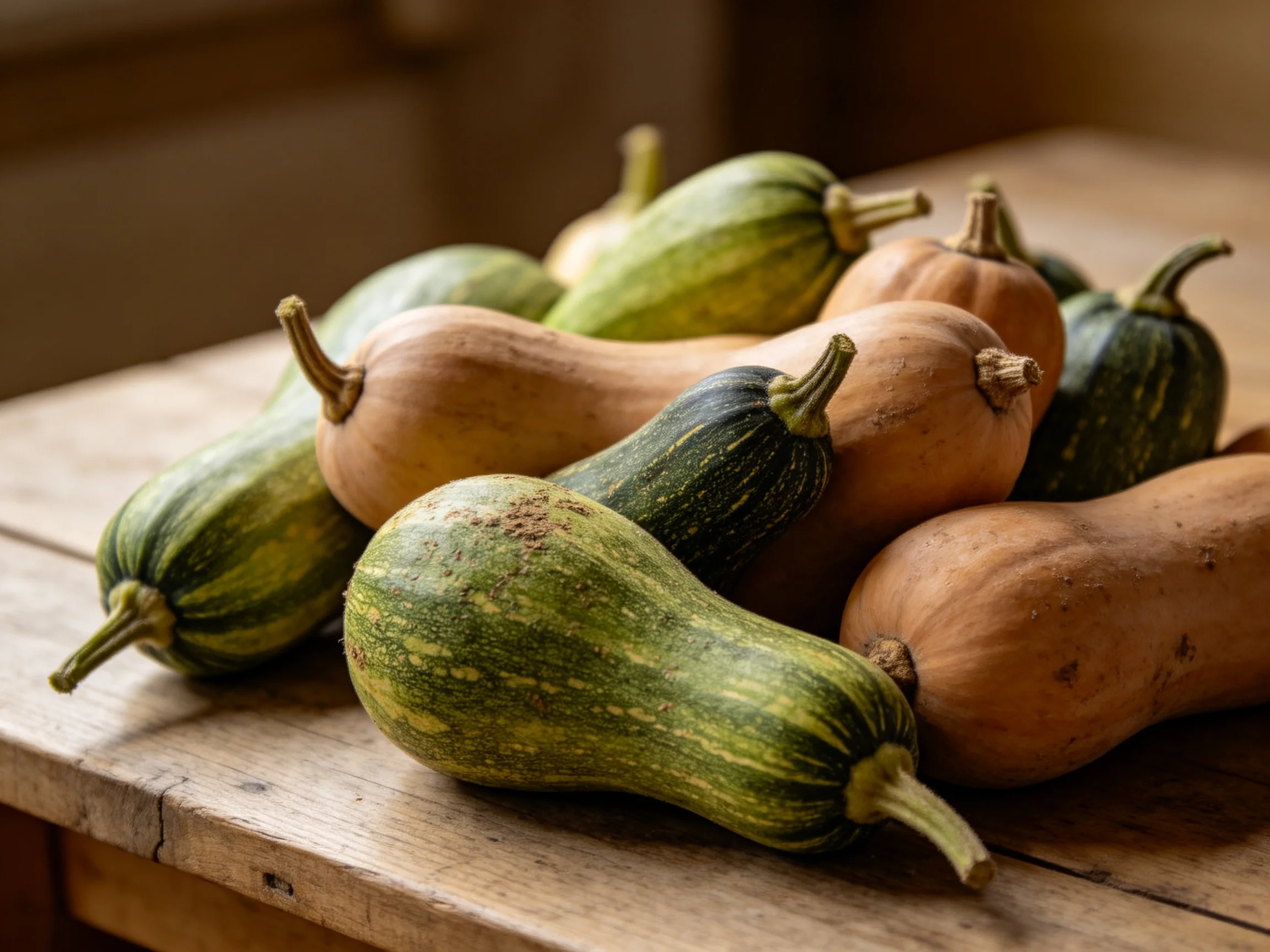 Green and tan squashes arranged on a rustic wooden table