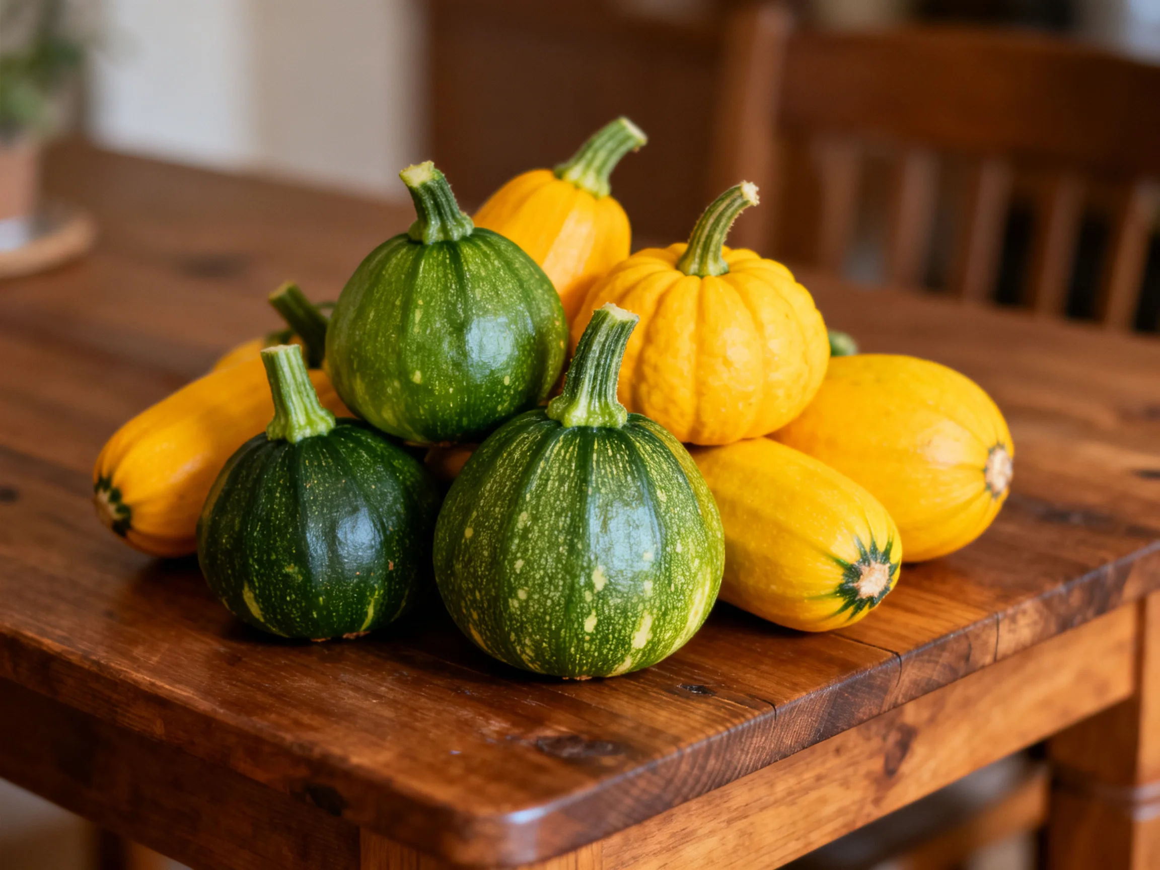 Green and yellow squash clustered on a polished wooden table