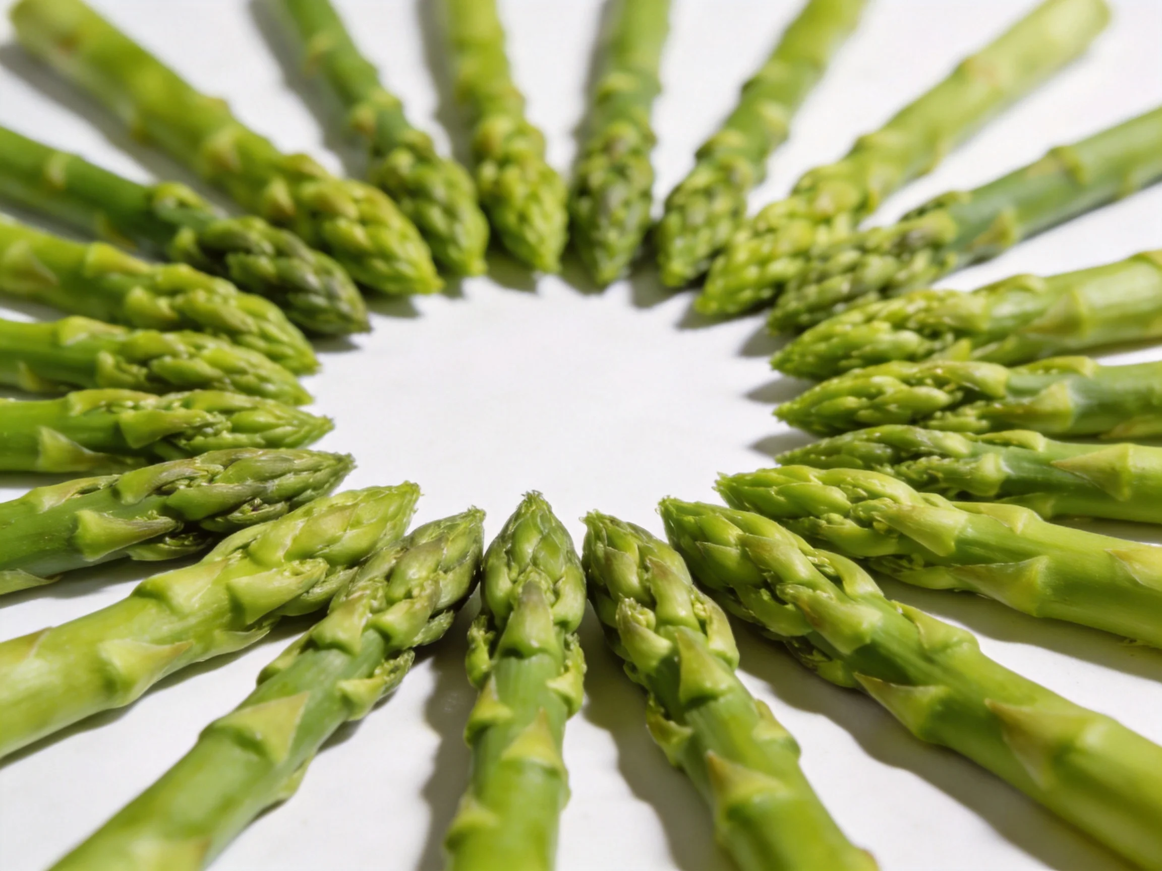 Green asparagus spears arranged in a circular formation on a plain white backdrop.