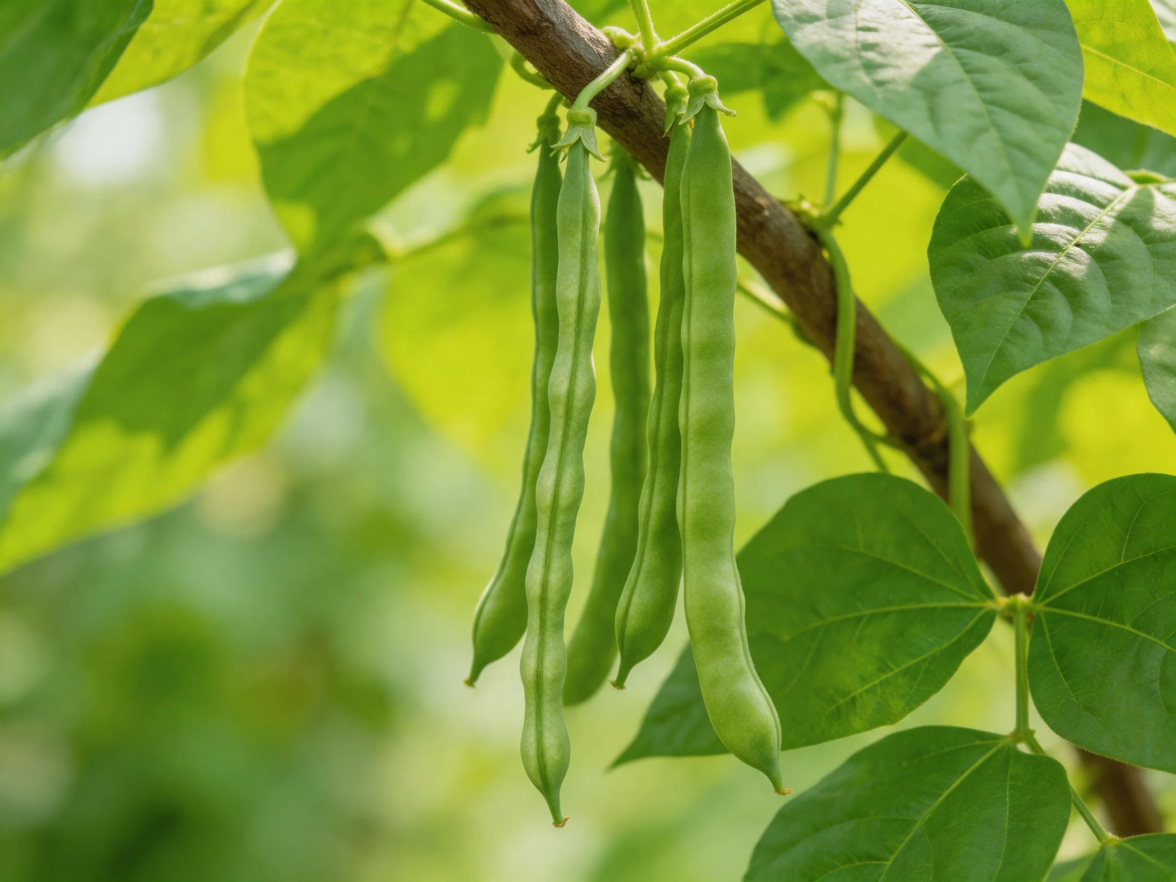 Green bean pods hang from a vine with broad green leaves