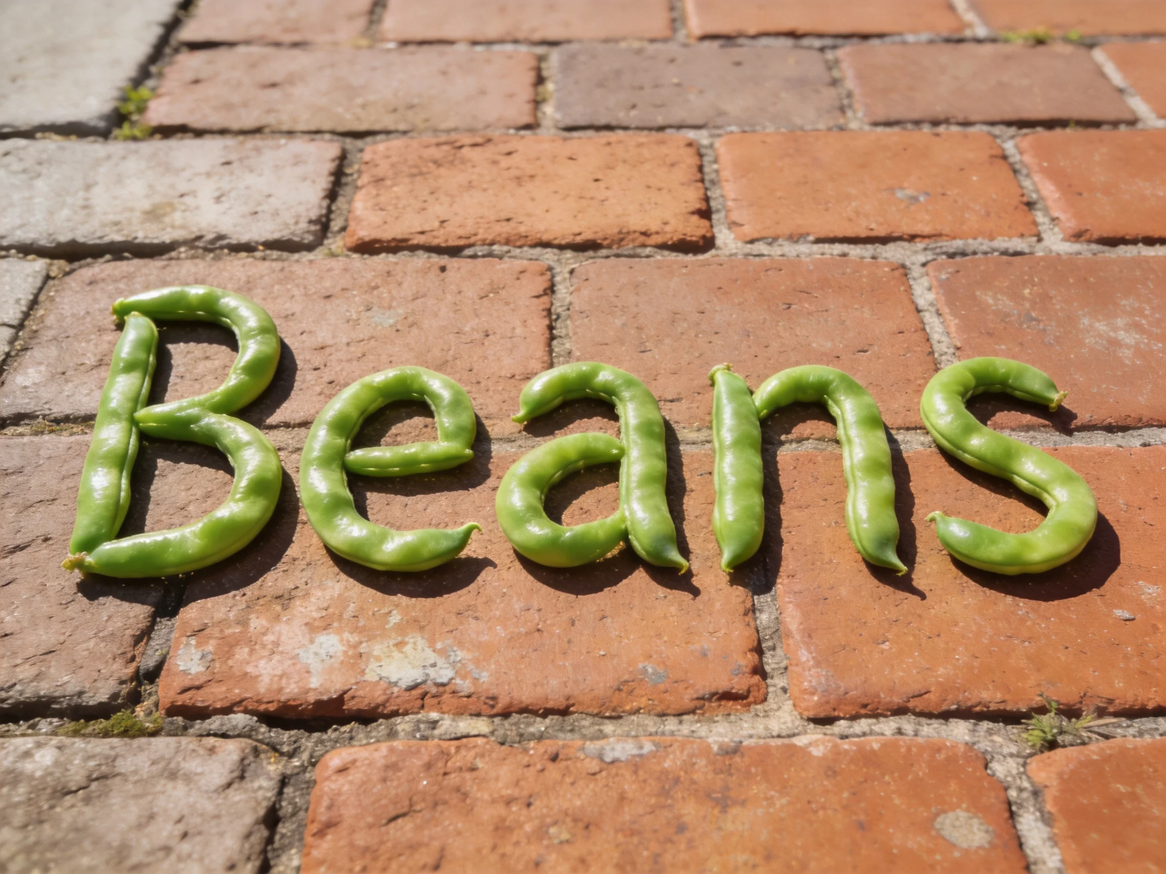 Green beans shaped into Beans on reddish-brown brick pavement