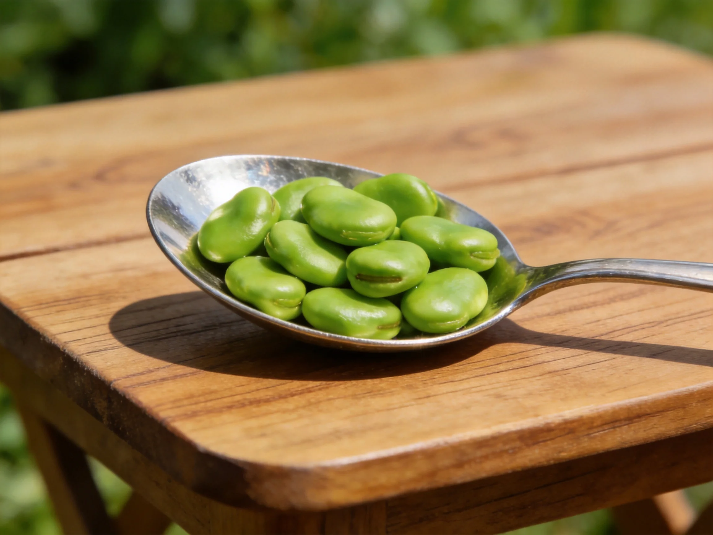 Green broad beans in a metal spoon on a wooden outdoor table