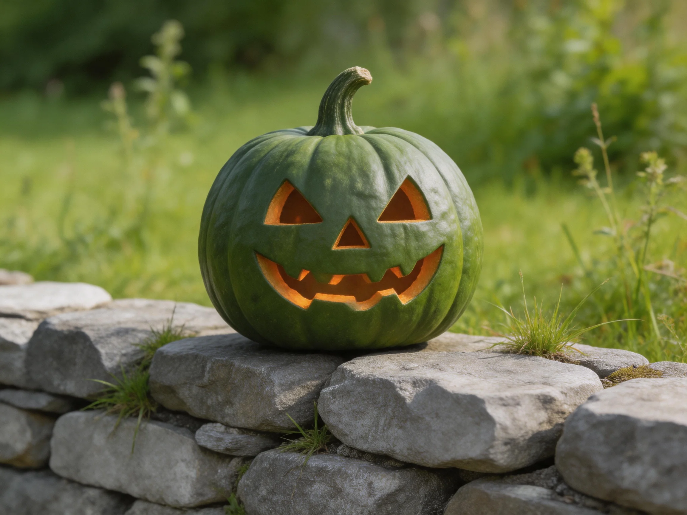 Green carved pumpkin resting on stone wall in grassy outdoor setting