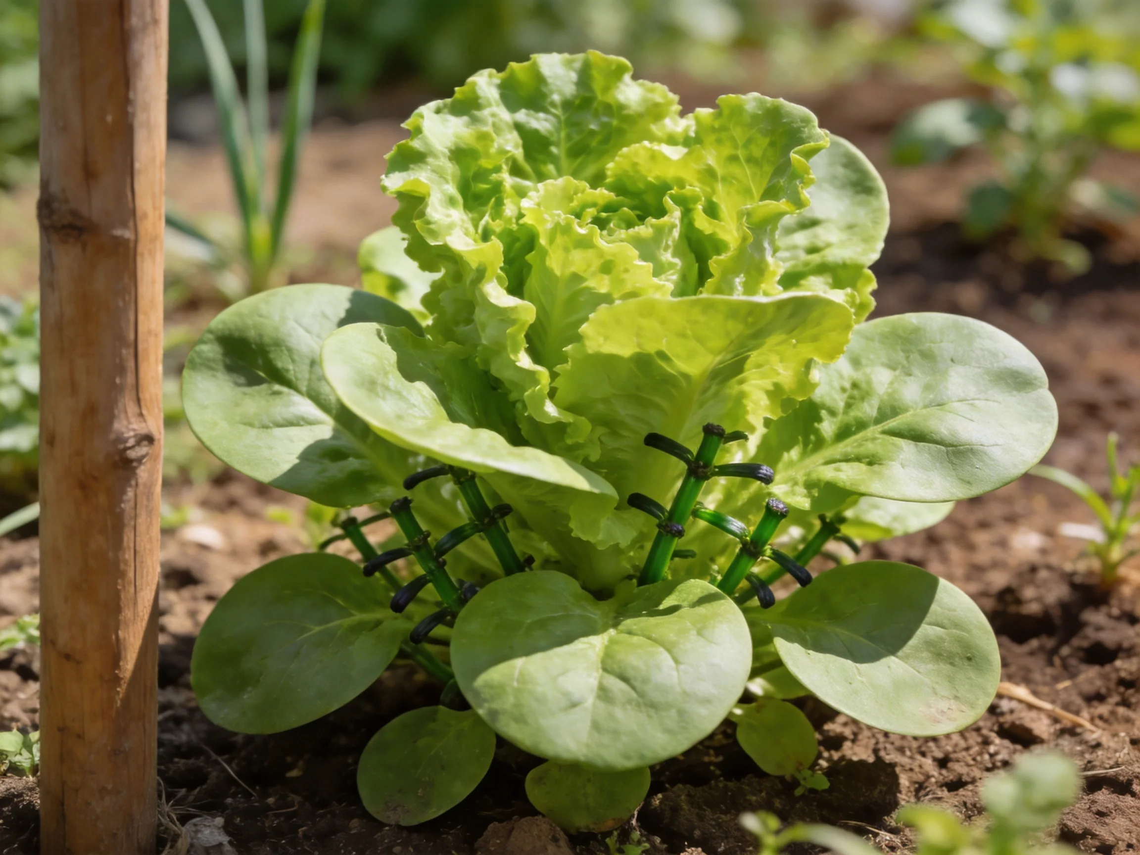 Green lettuce plant with clip supports in a garden bed