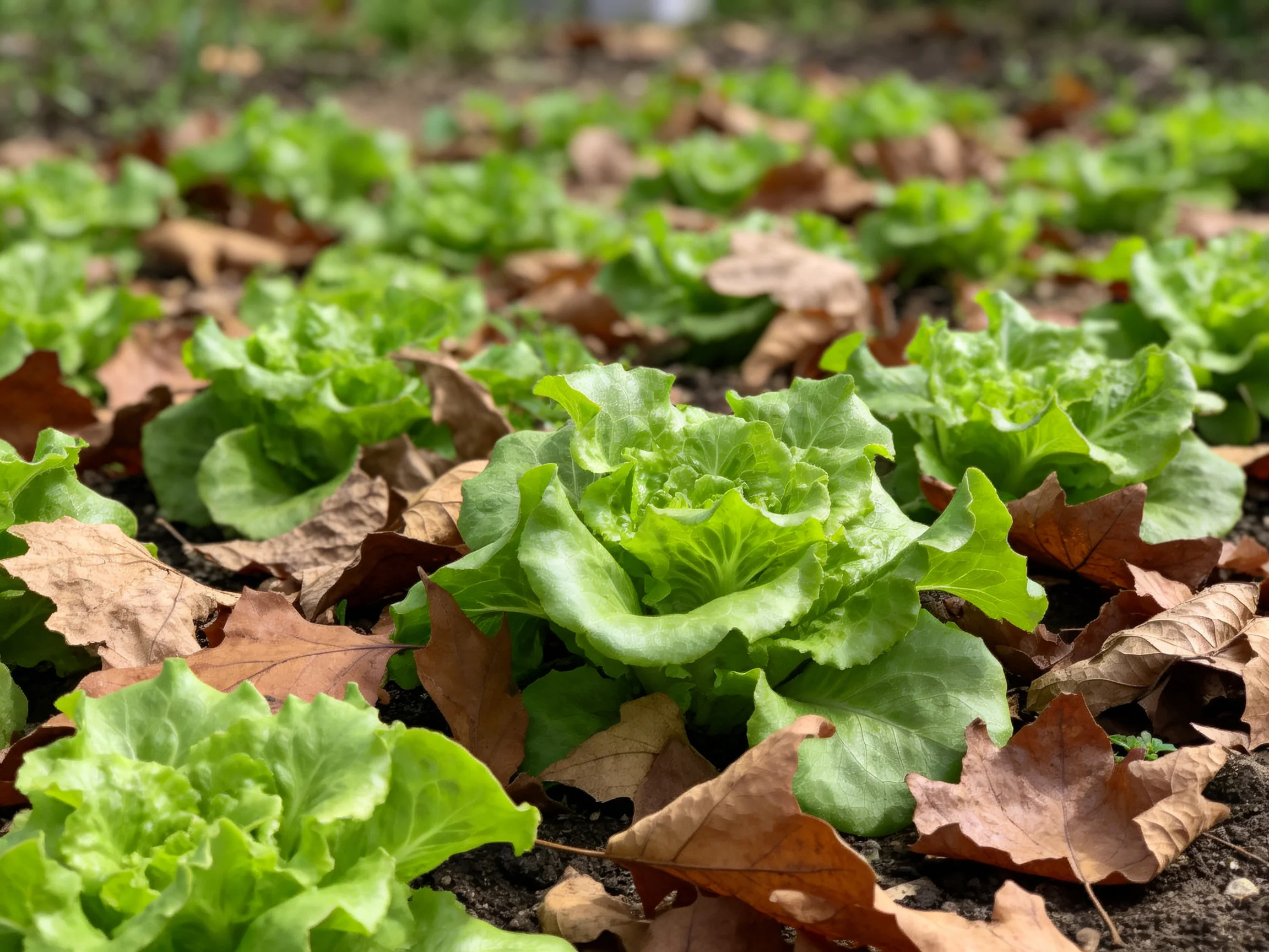Green lettuce plants growing among scattered brown autumn leaves in a garden bed