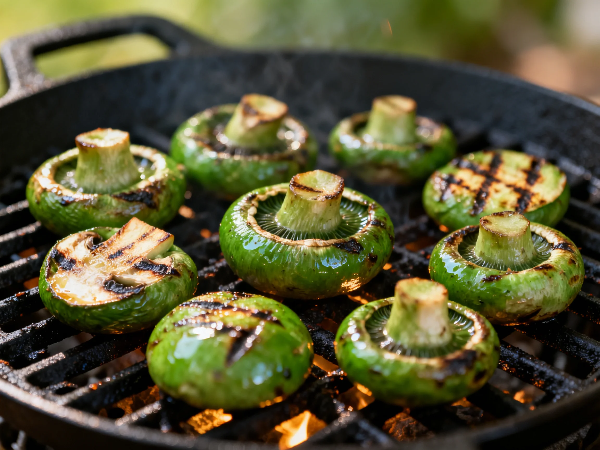 Green mushrooms grilling on a black cast iron outdoor grill pan