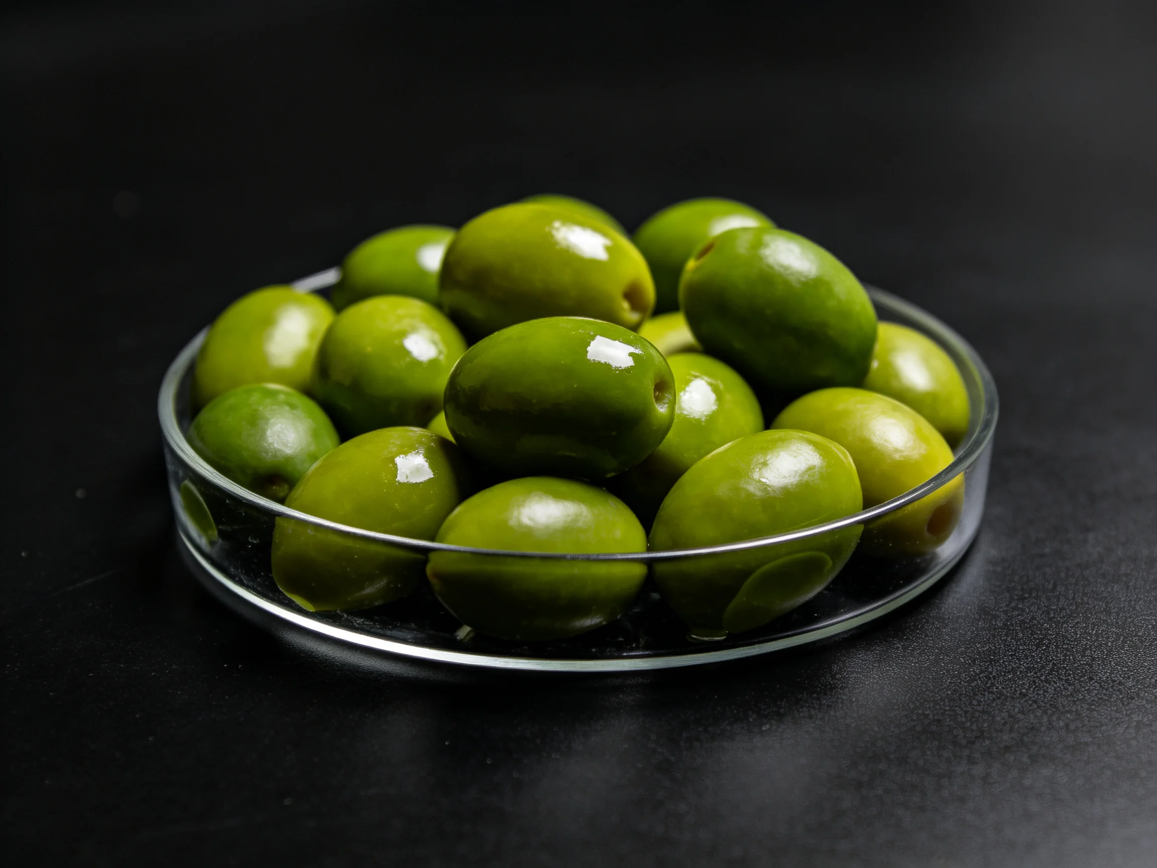 Green olives neatly arranged in a clear glass container on a dark surface