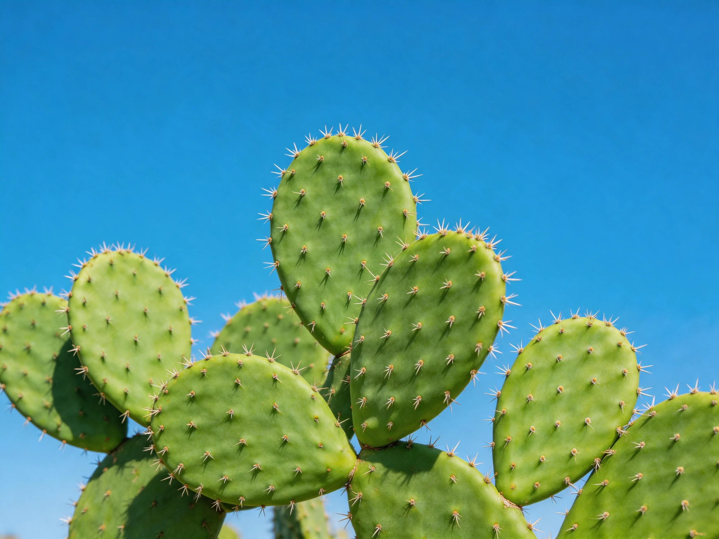 Green paddle-shaped cacti with yellow spines beneath a vivid blue sky