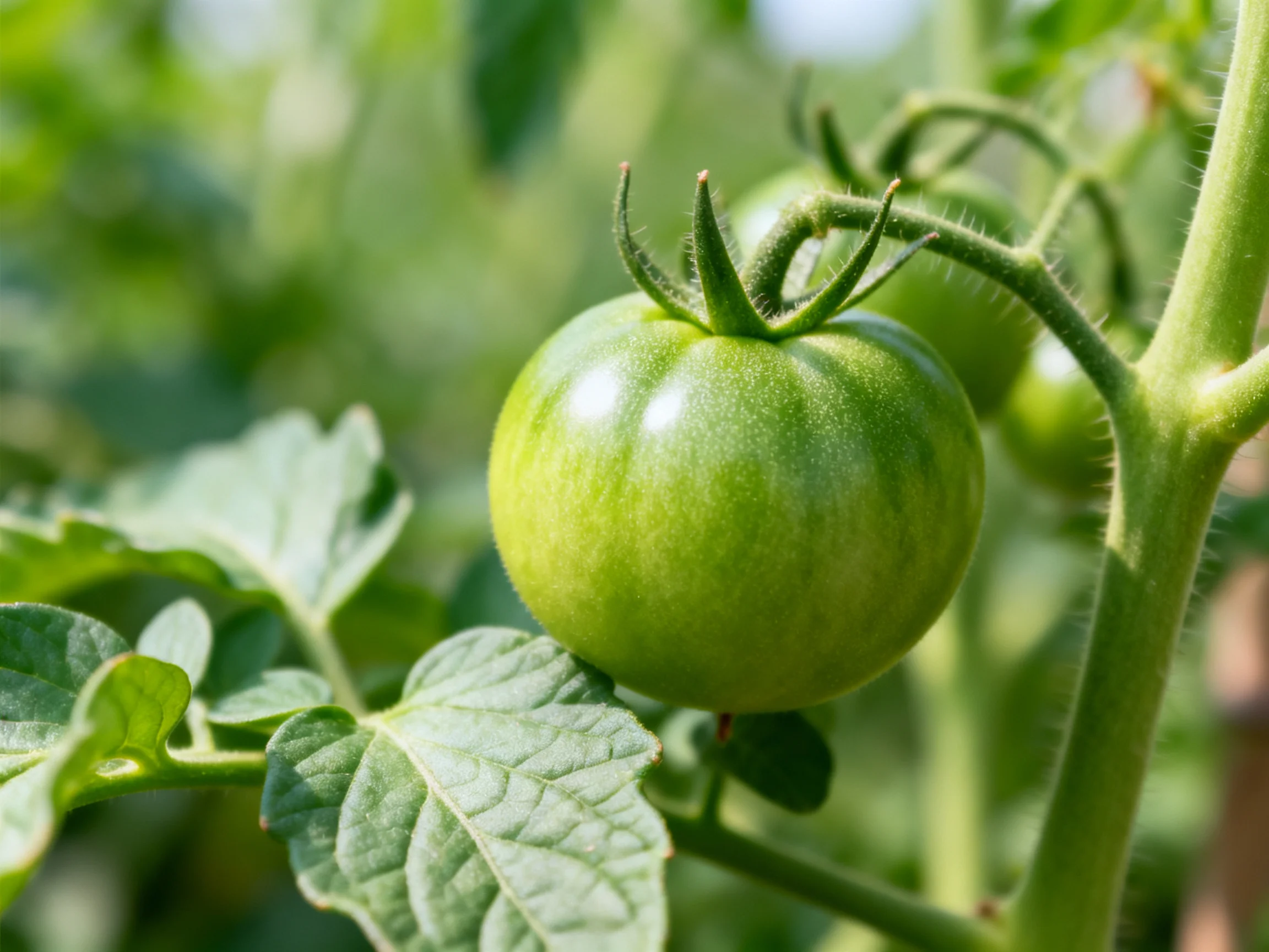Green tomatoes ripening on a leafy vine in sunlit garden
