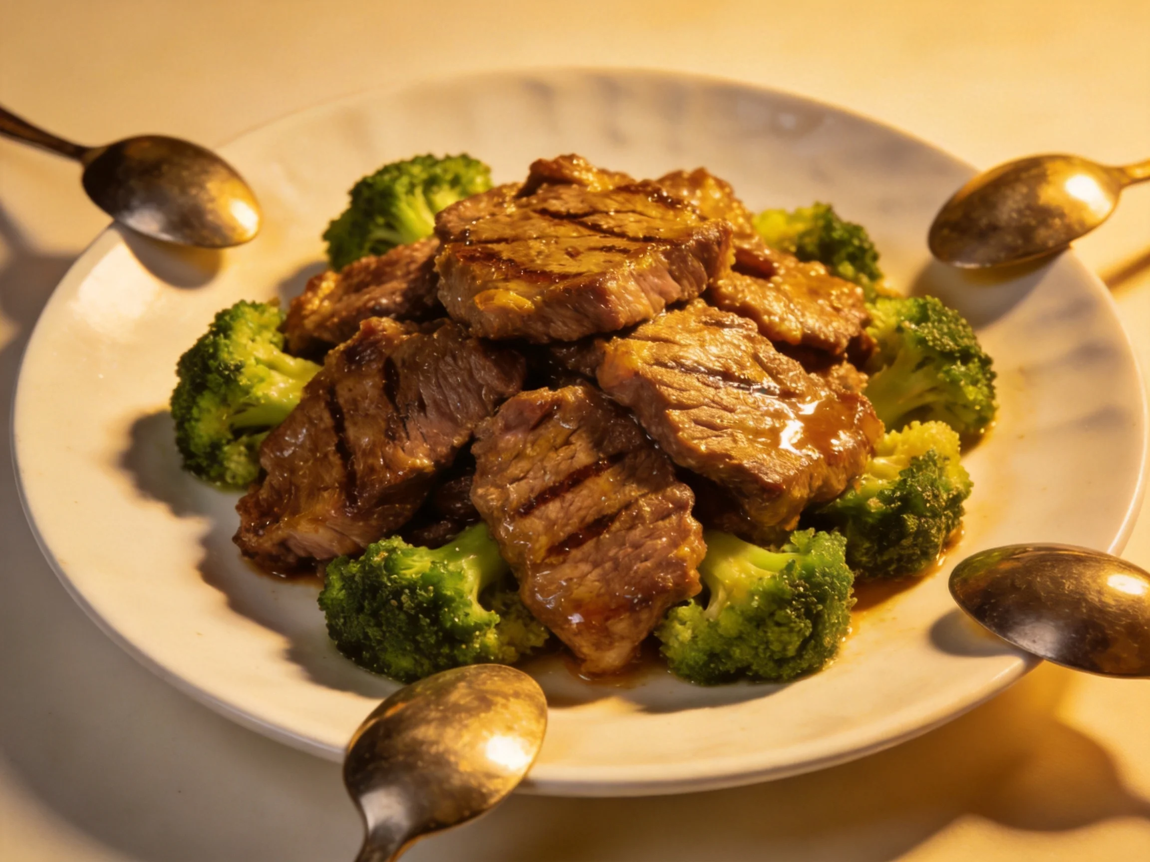 Grilled Beef and Broccoli with Golden Sauce Presentation