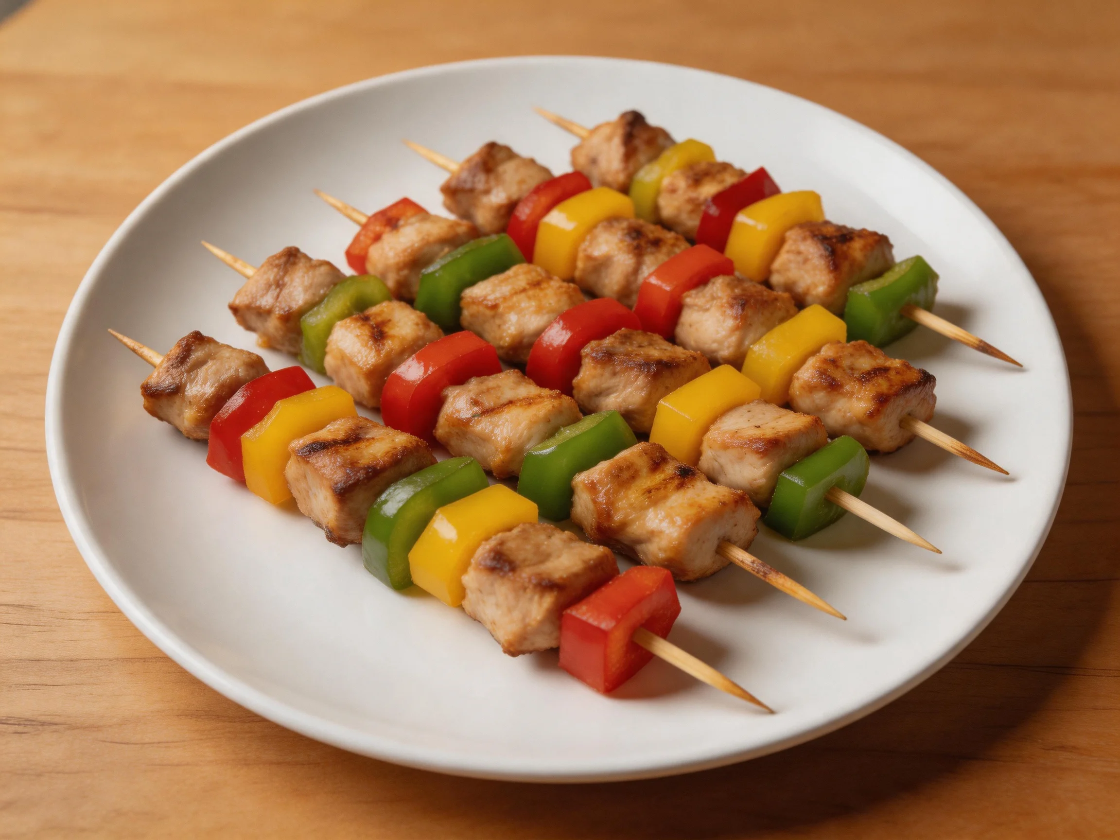 Grilled Chicken and Bell Pepper Skewers Arranged on a White Plate