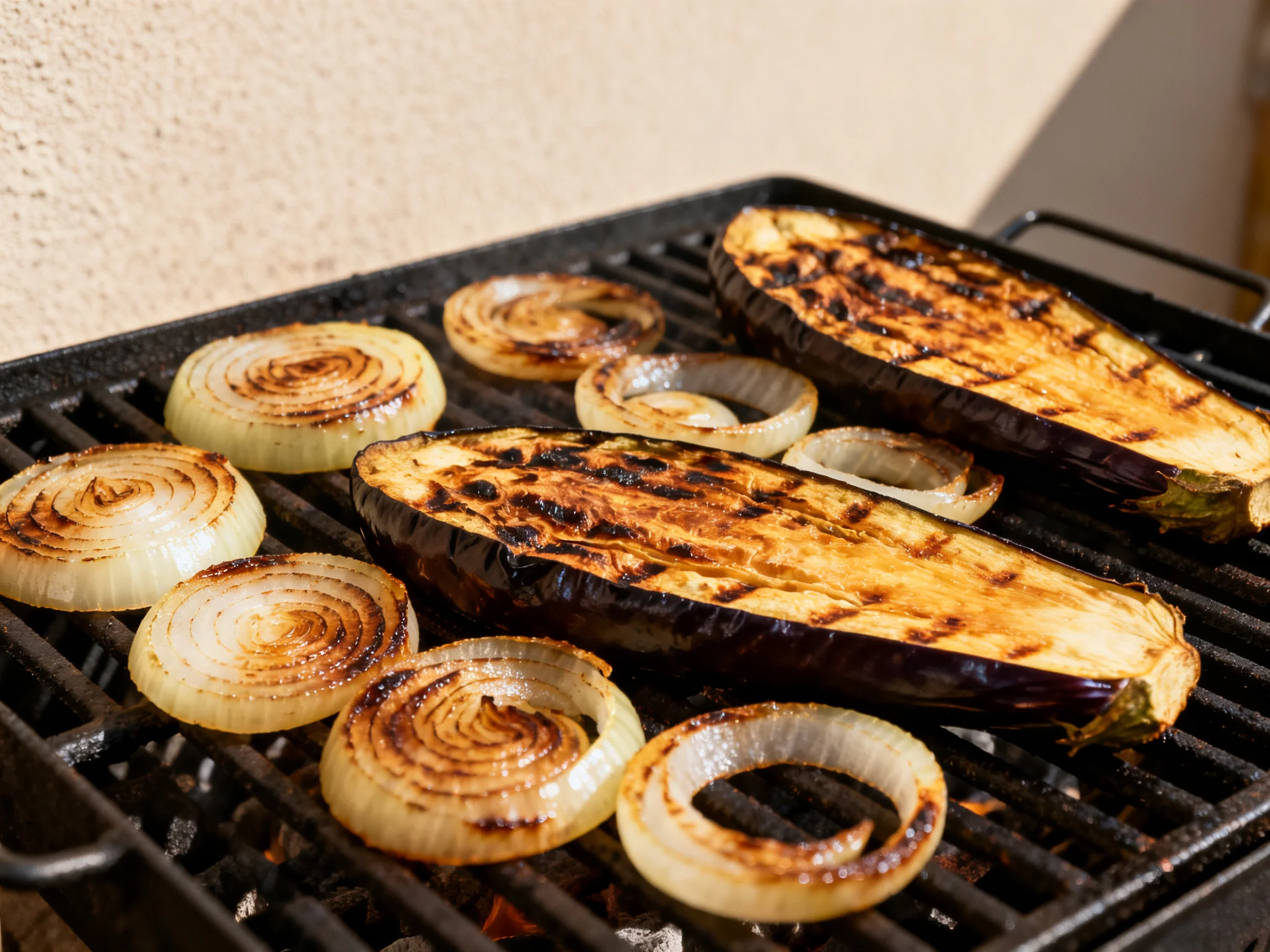 Grilled Eggplant Halves and Onion Rings on a Charcoal Grill
