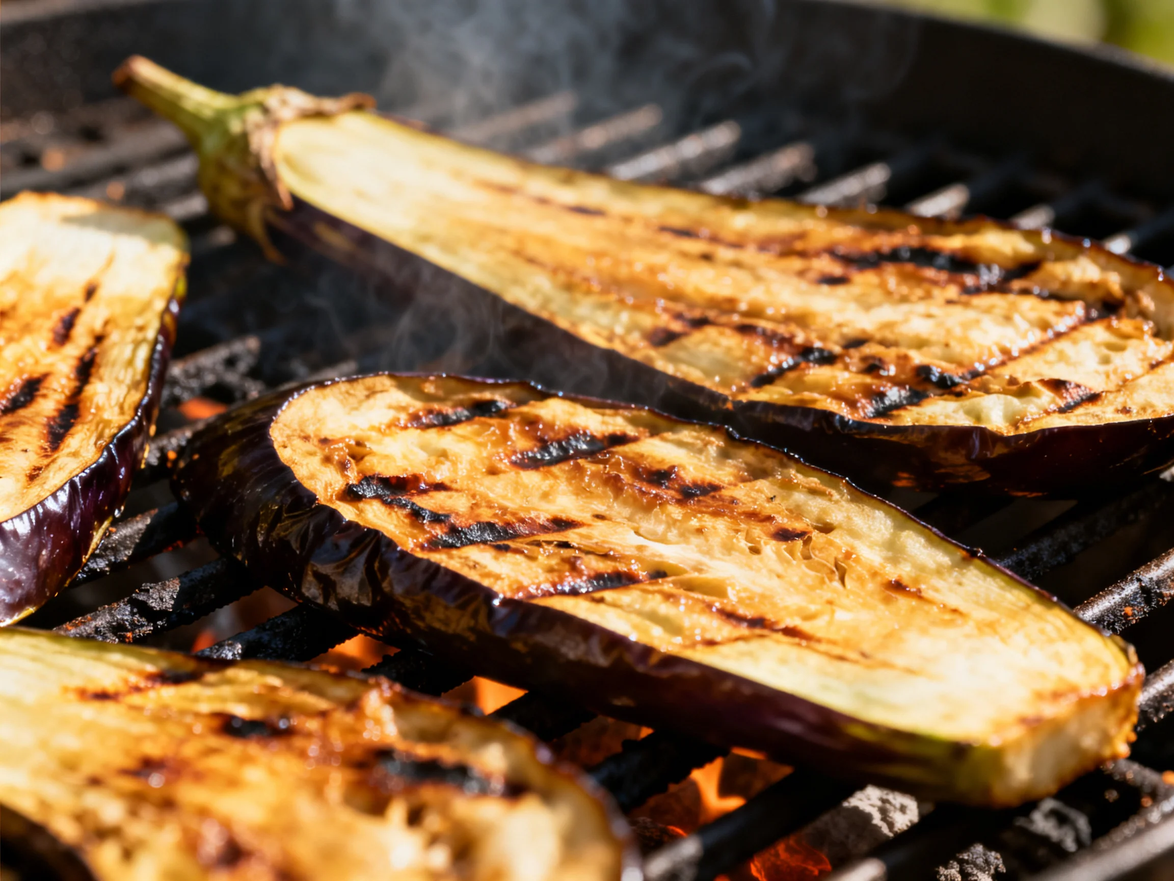 Grilled Eggplant Slices with Dark Grill Marks on a Charcoal Grill
