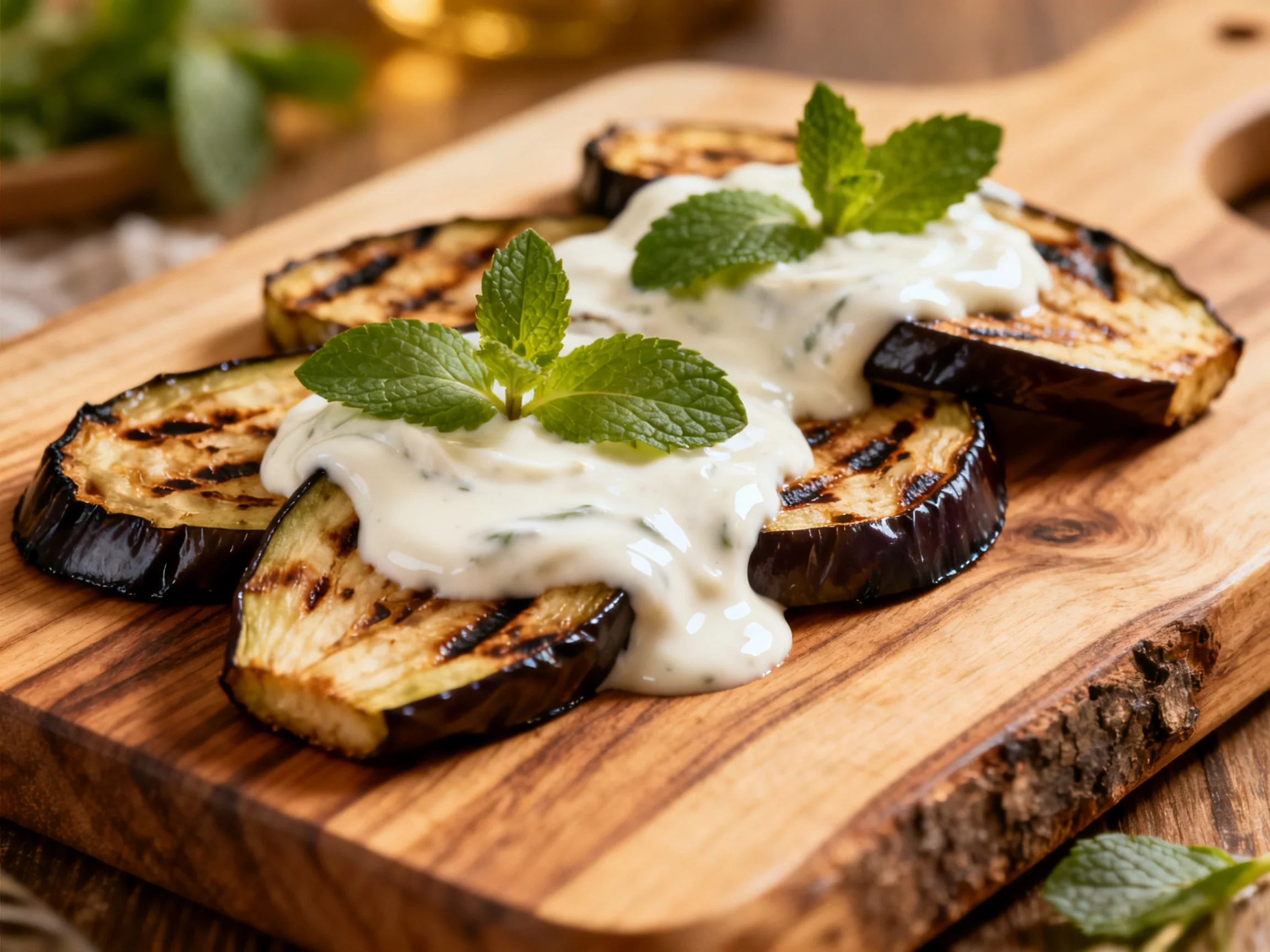 Grilled Eggplant Slices with Mint Sauce on Wooden Cutting Board