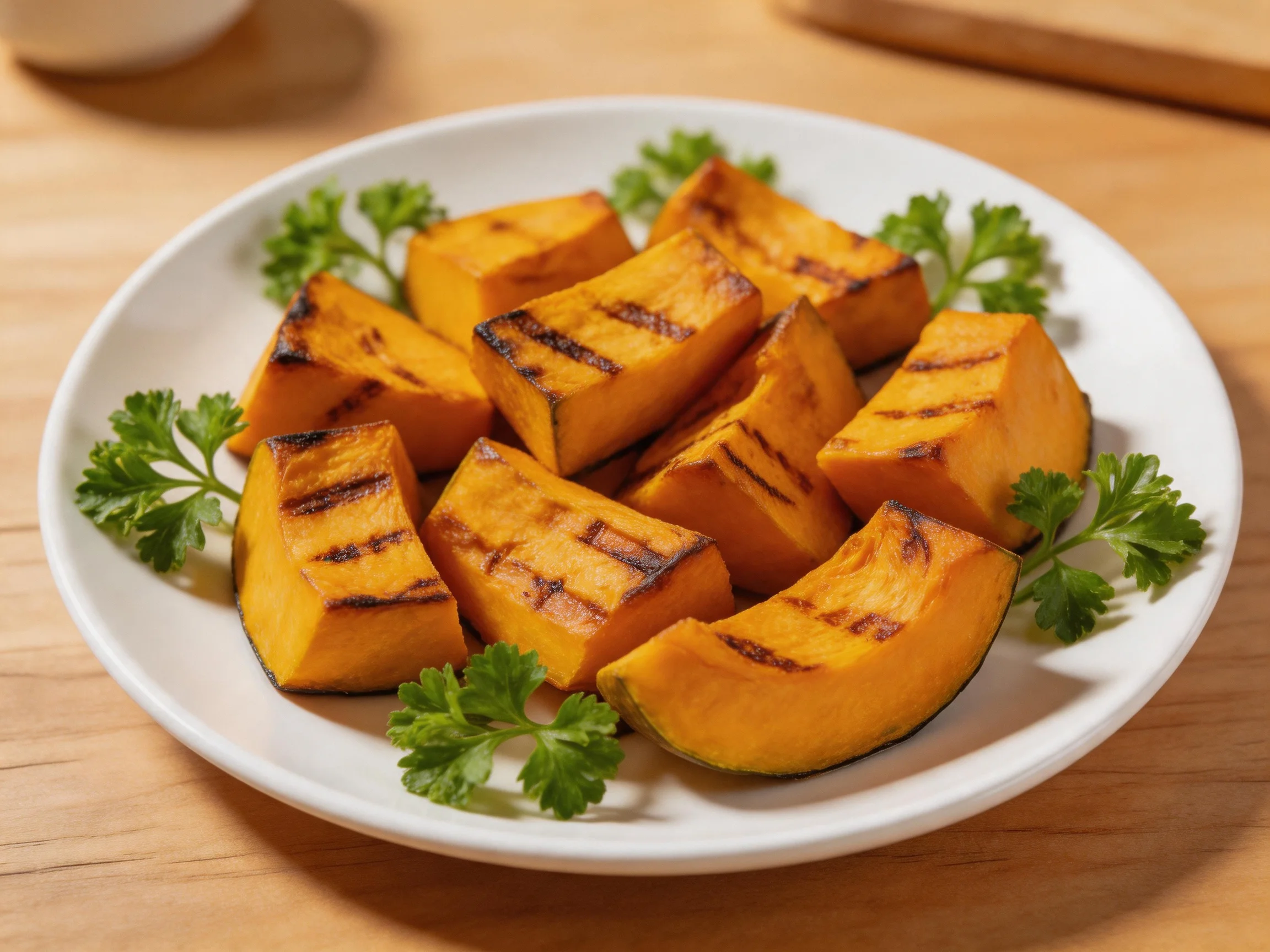 Grilled Orange Pumpkin Cubes with Parsley Garnish on a White Plate