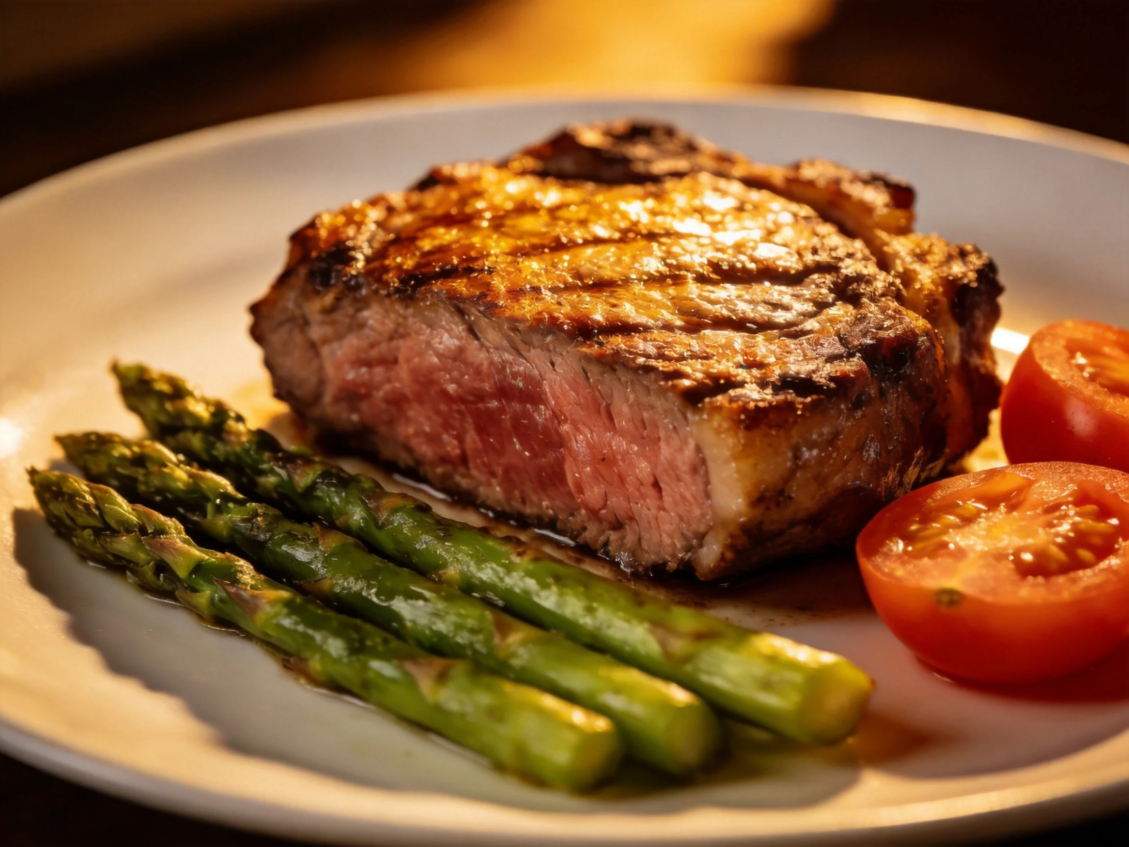 Grilled Steak, Roasted Asparagus, and Tomato Slices on a White Plate