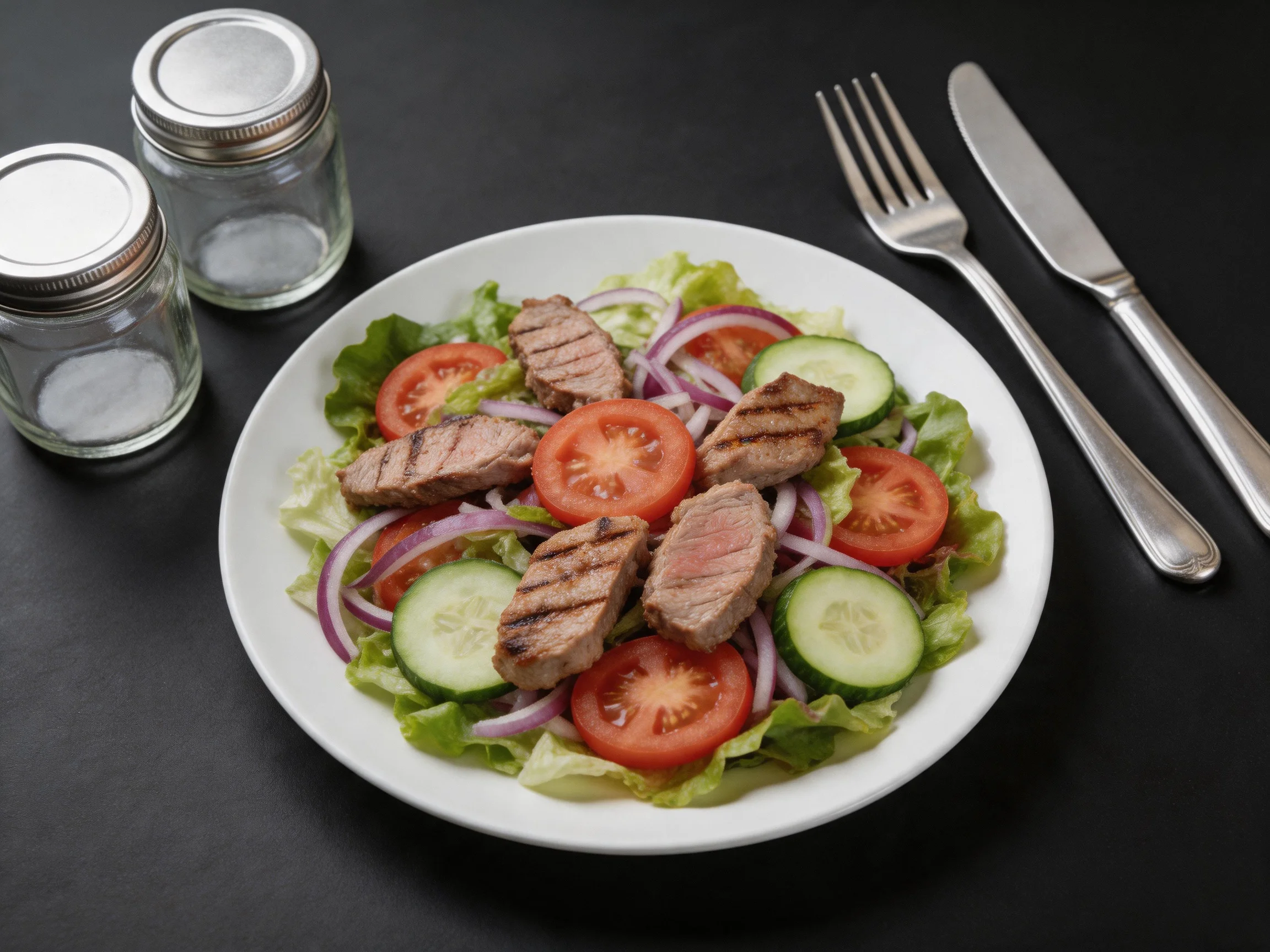 Grilled Steak Salad with Fresh Veggies and Seasoning Jars