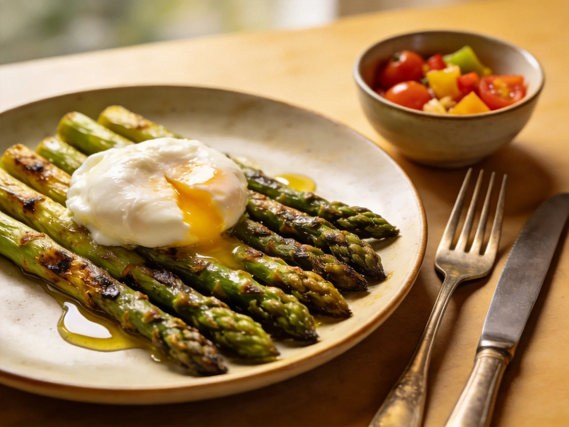 Grilled asparagus with poached egg and colorful vegetable salad