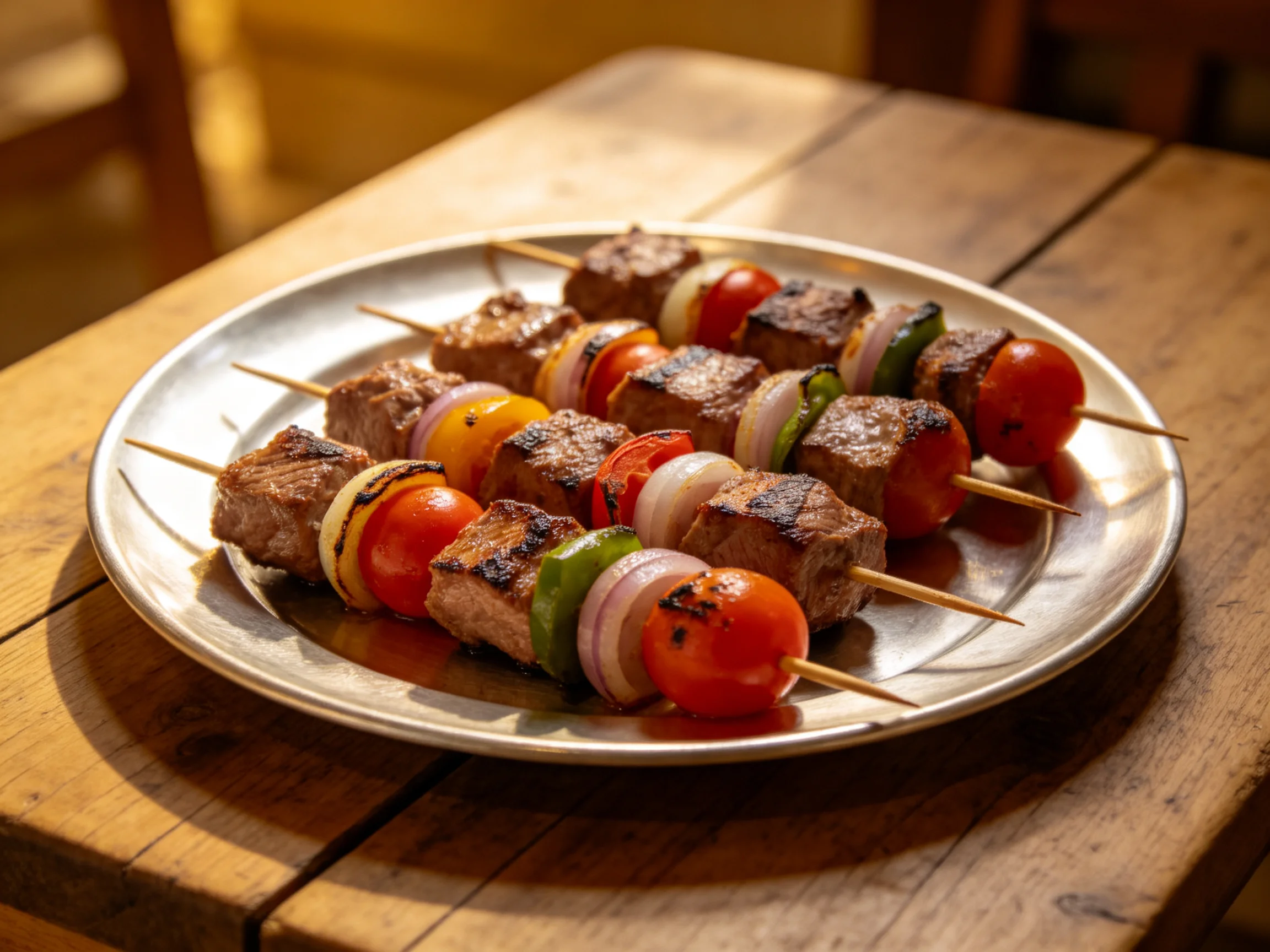 Grilled beef kebabs with cherry tomatoes, onions, and peppers on a silver platter