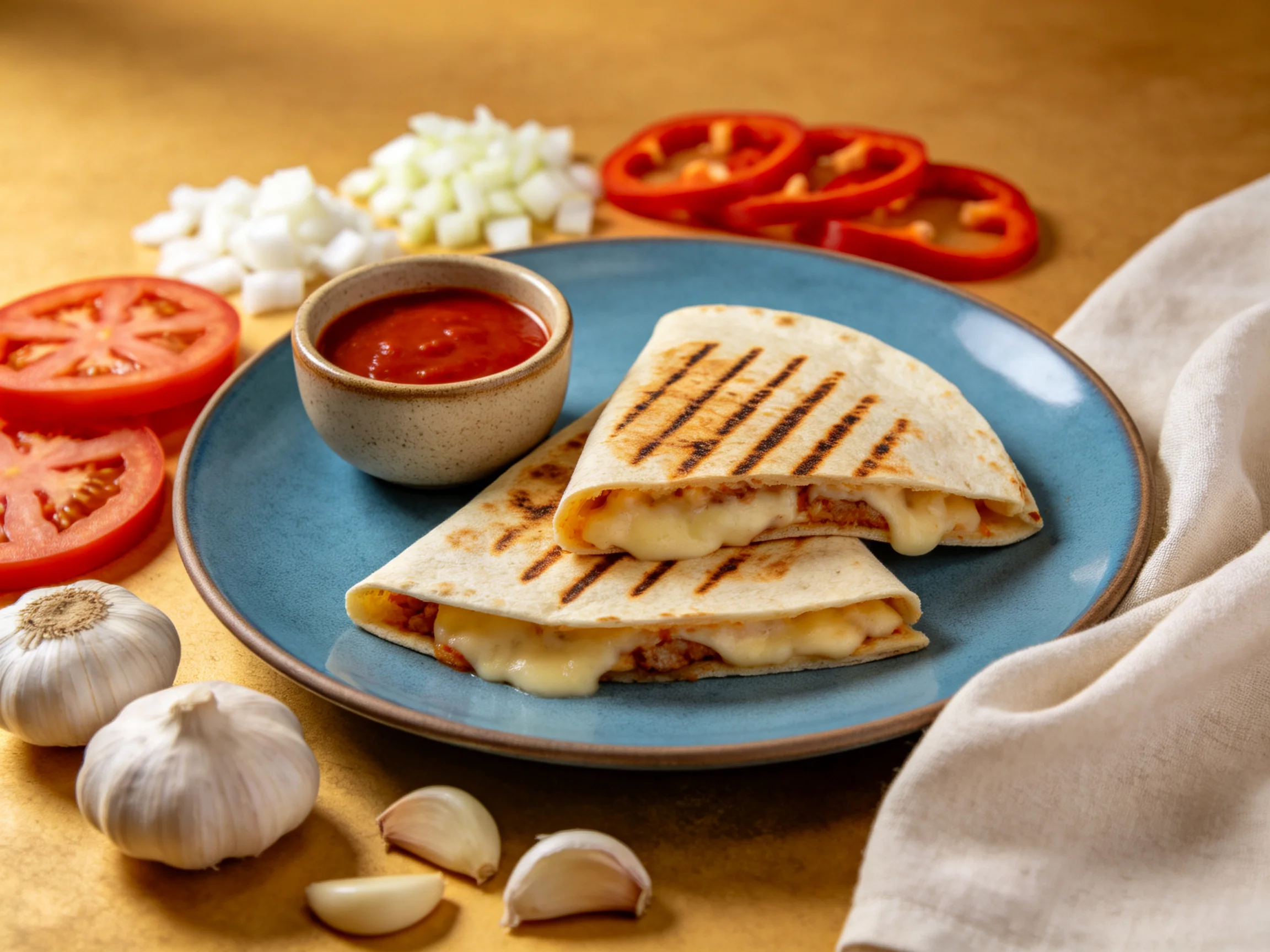 Grilled cheese quesadillas on a blue plate with fresh vegetables and salsa