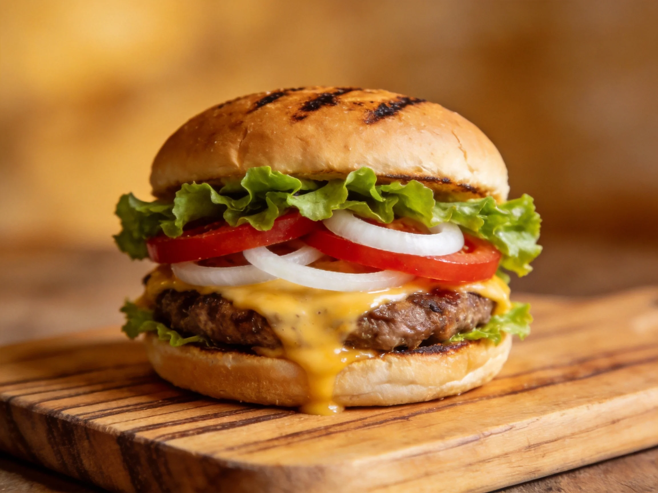 Grilled cheeseburger with lettuce, tomato, and onion on wooden board
