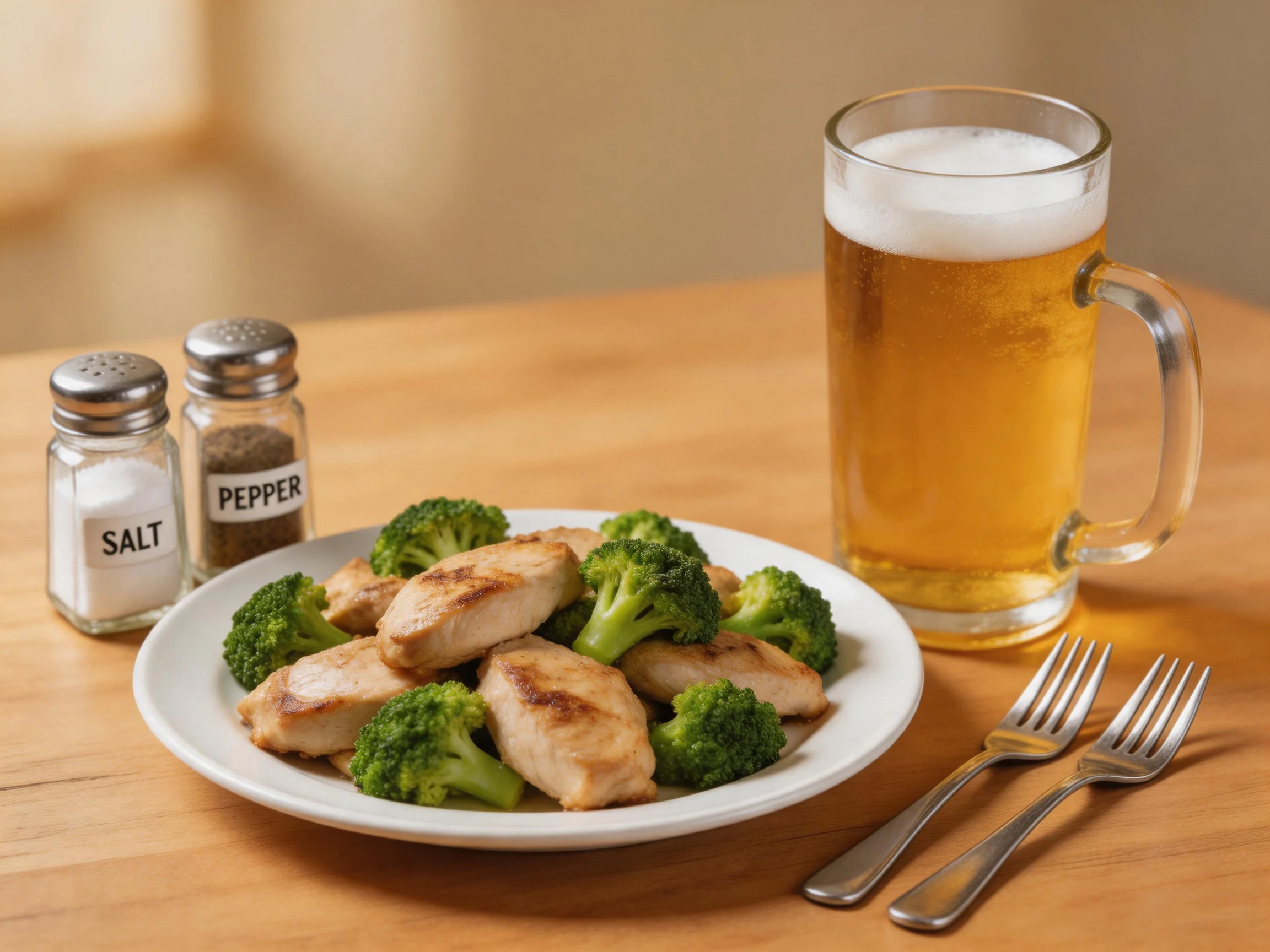 Grilled chicken and broccoli served with beer, salt, and pepper on a wooden table