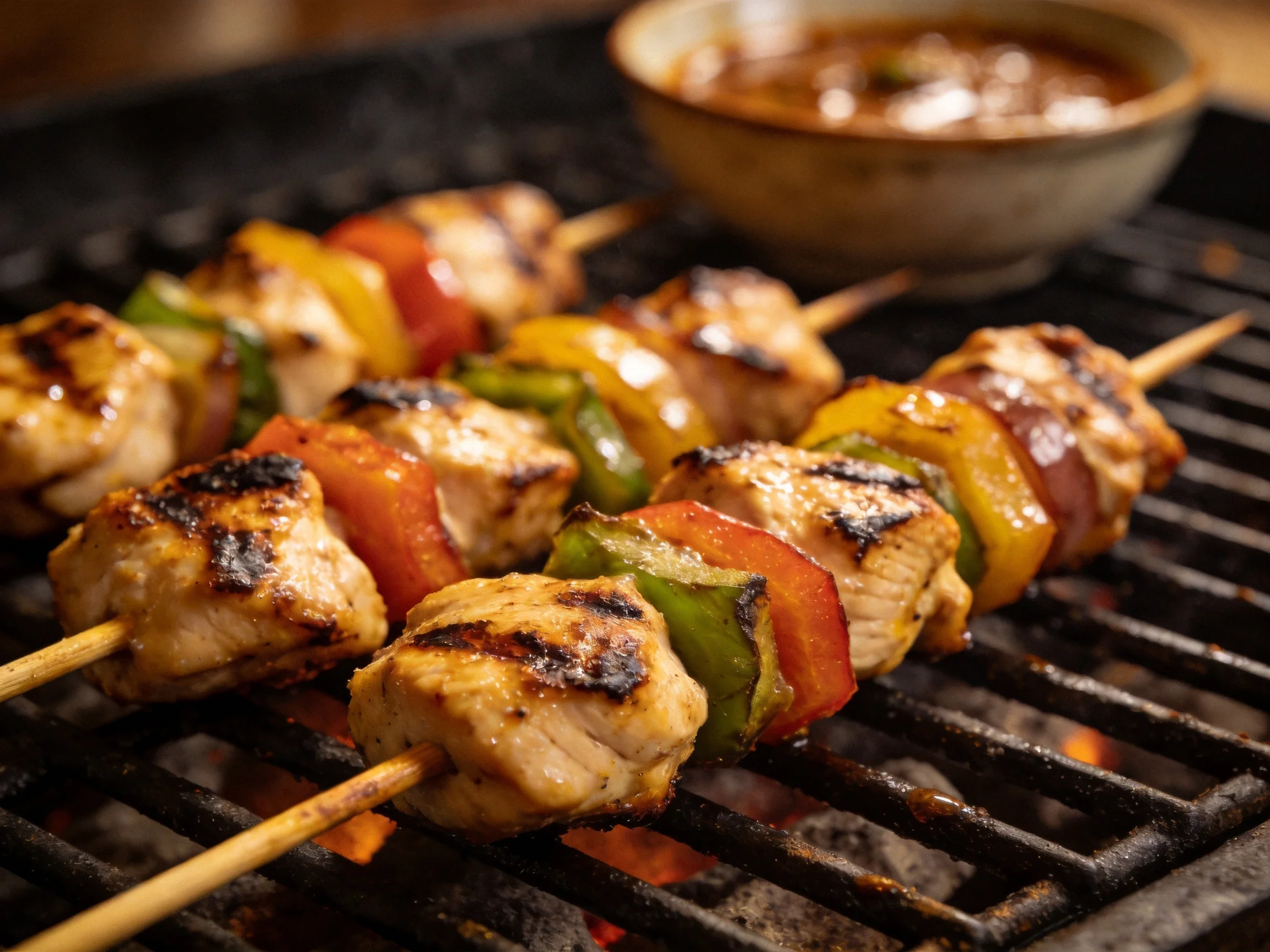 Grilled chicken and colorful vegetable skewers cooking over a hot grill