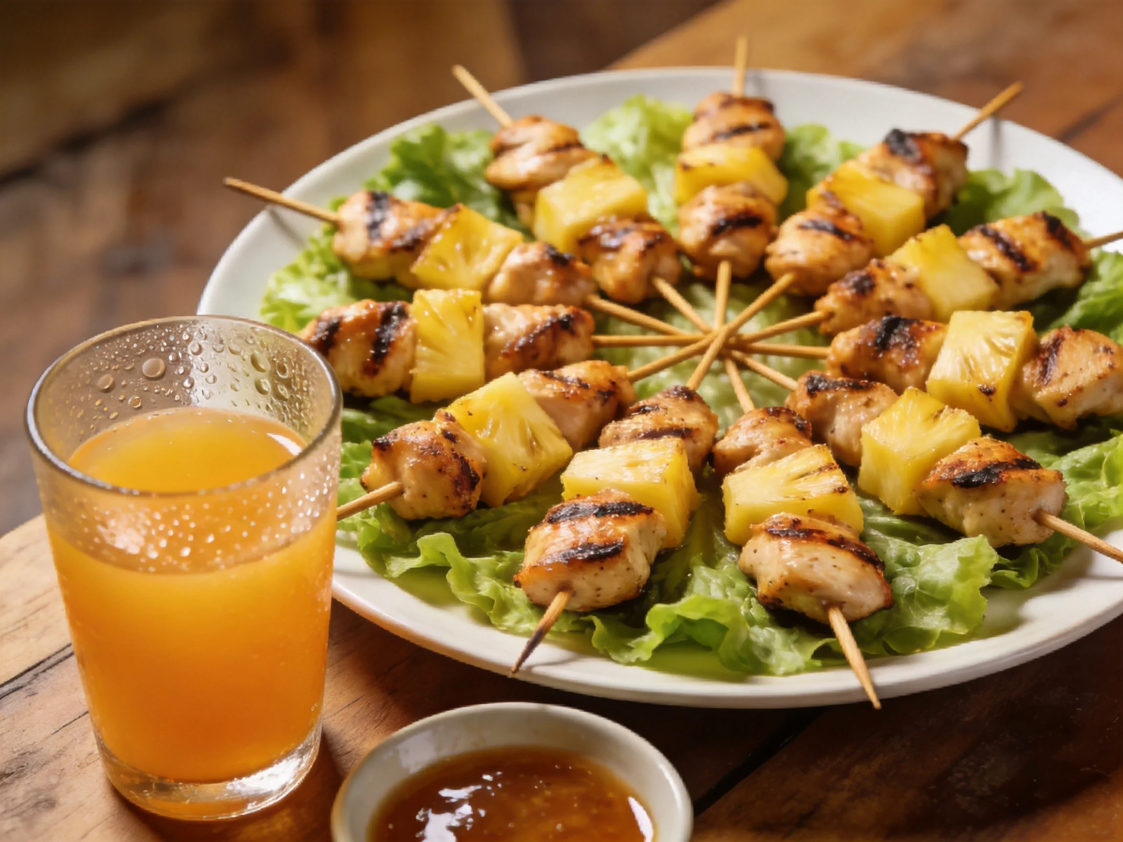 Grilled chicken and pineapple kebabs served with orange juice and sauce