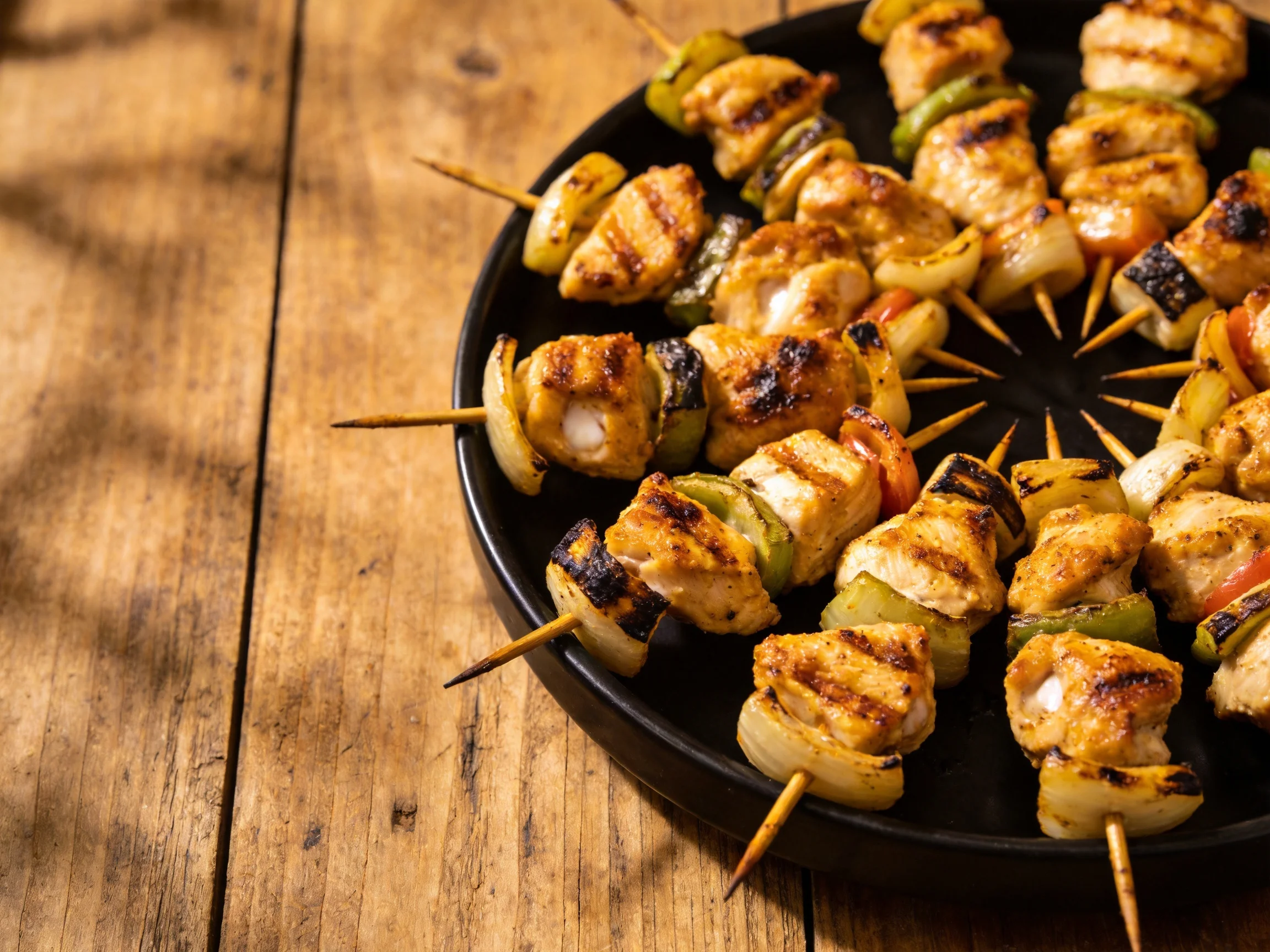 Grilled chicken and vegetable skewers arranged on a black platter
